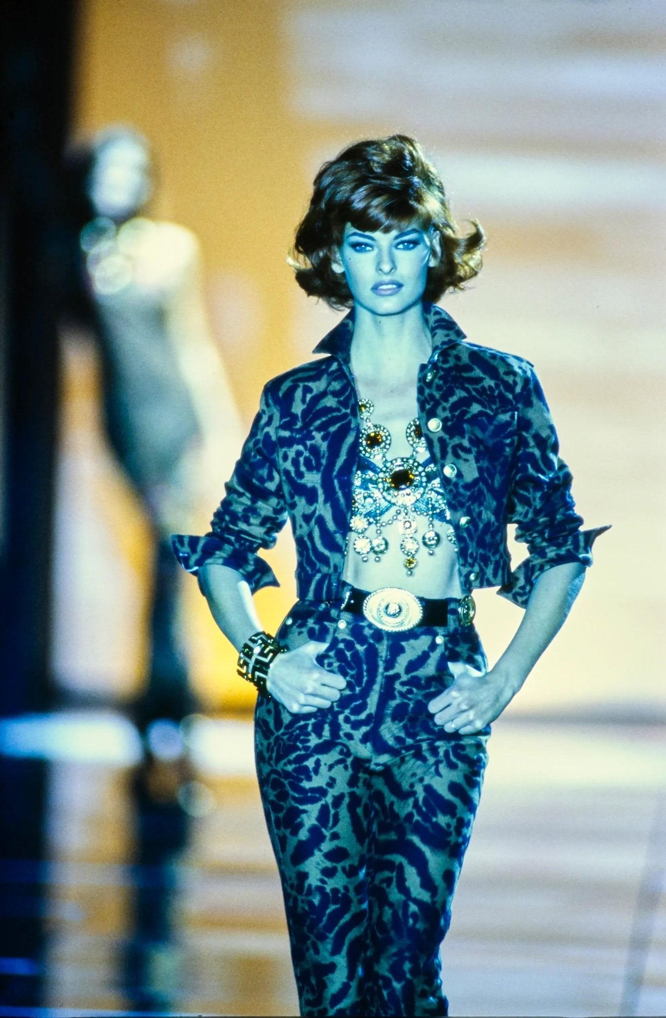 S/S 1992 Gianni Versace Runway Brown Cheetah Print Denim Medusa Cropped Jacket - RealList