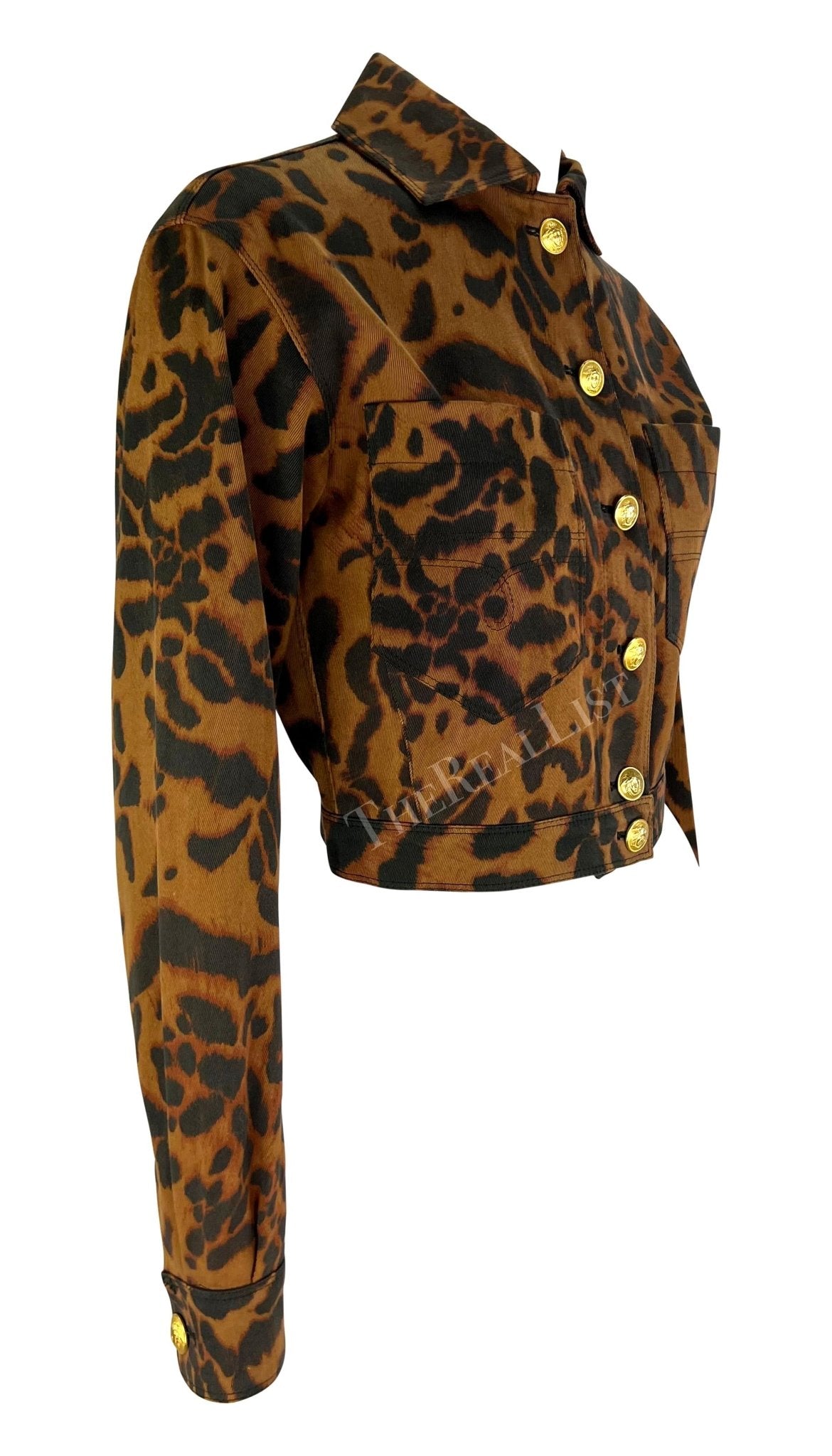 S/S 1992 Gianni Versace Runway Brown Cheetah Print Denim Medusa Cropped Jacket - RealList