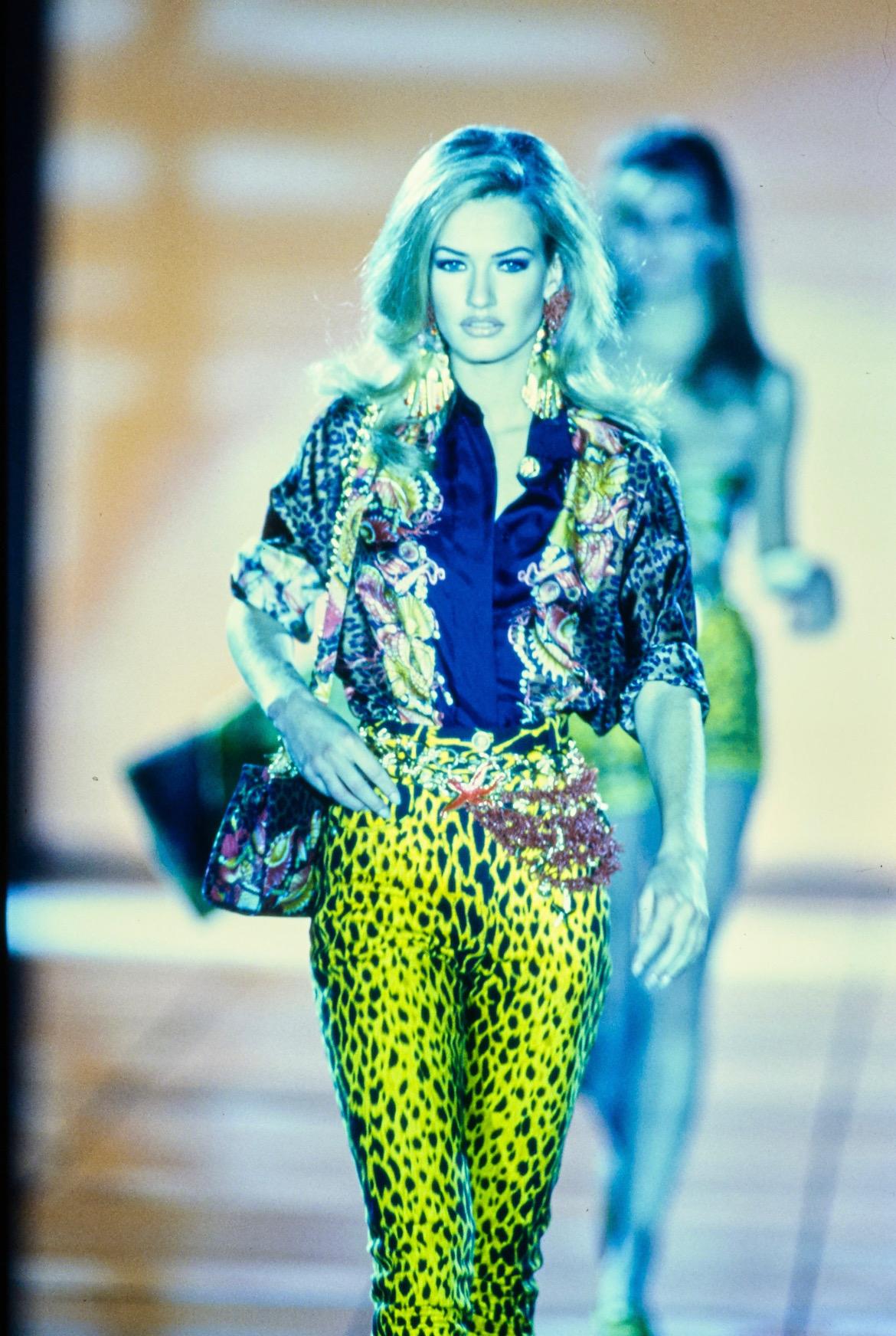 S/S 1992 Gianni Versace Runway Cheetah Print Yellow Black Cotton Stretch Jeans - RealList