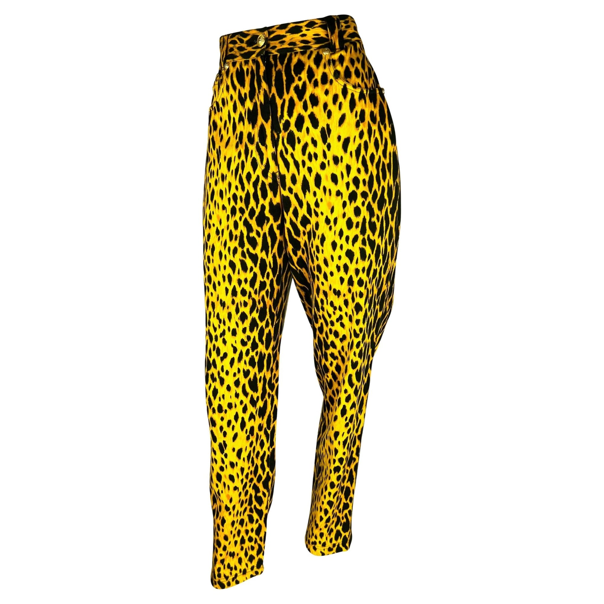S/S 1992 Gianni Versace Runway Cheetah Print Yellow Black Cotton Stretch Jeans - RealList