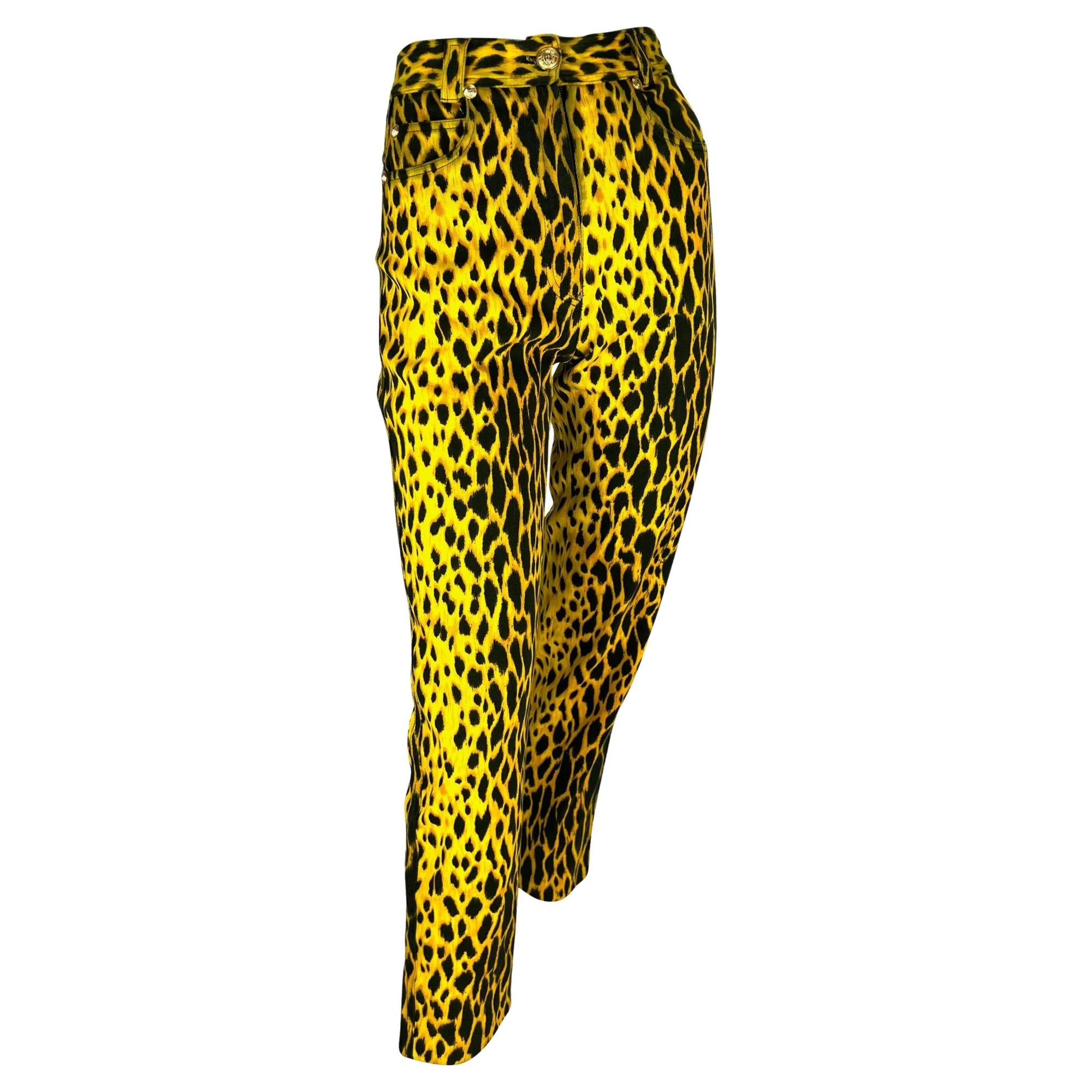 S/S 1992 Gianni Versace Runway Cheetah Print Yellow Black Cotton Stretch Jeans - RealList