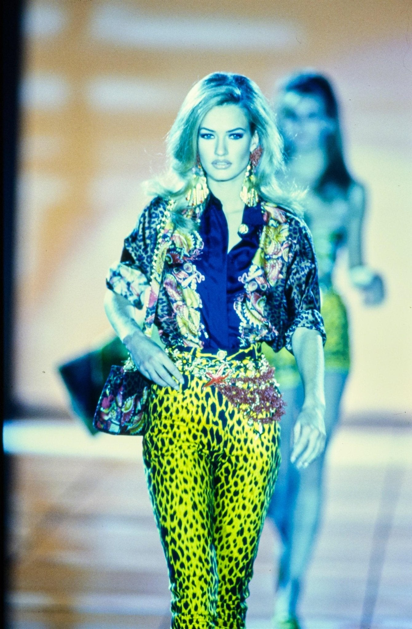 S/S 1992 Gianni Versace Runway Cheetah Print Yellow Black Cotton Stretch Jeans - RealList