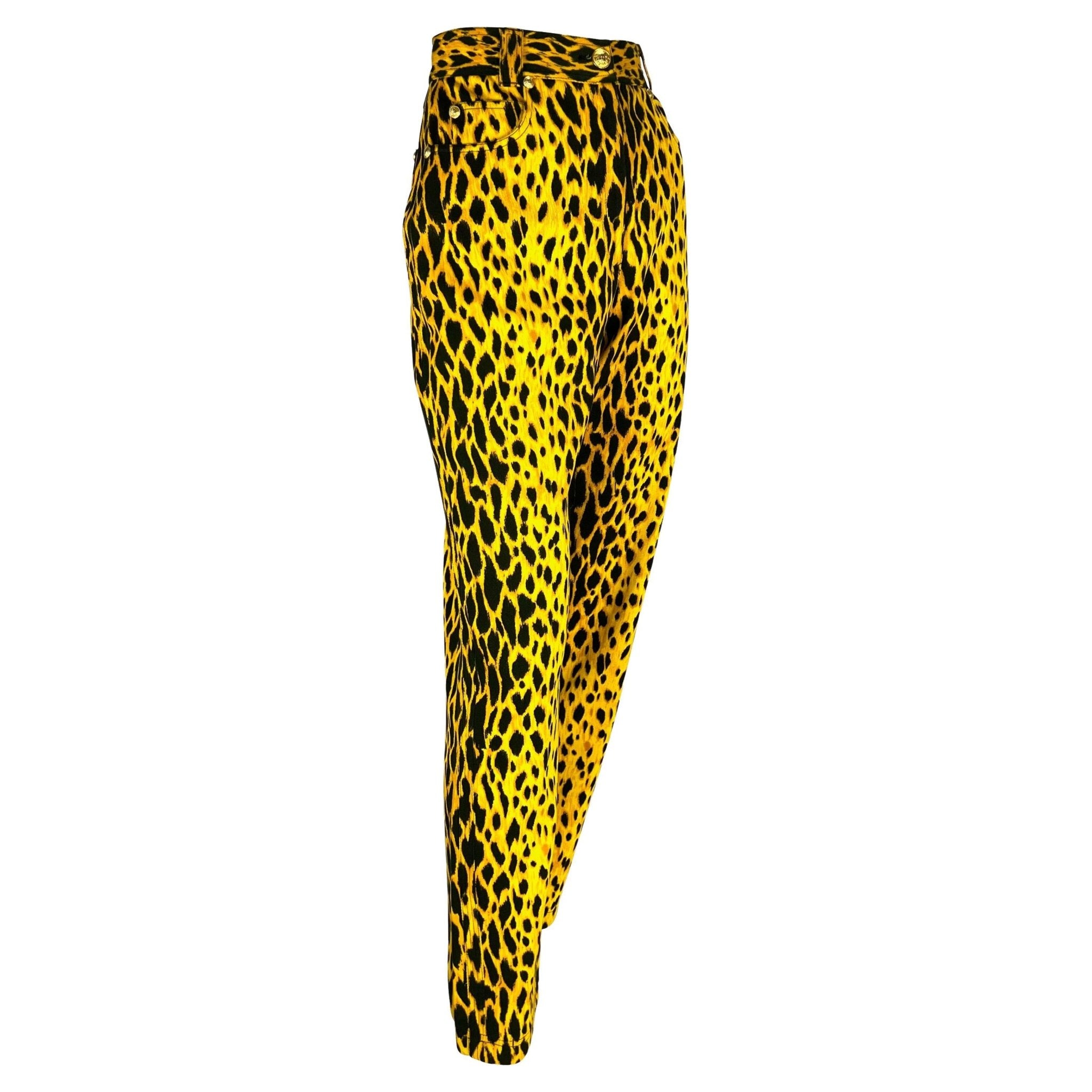 S/S 1992 Gianni Versace Runway Cheetah Print Yellow Black Cotton Stretch Jeans - RealList