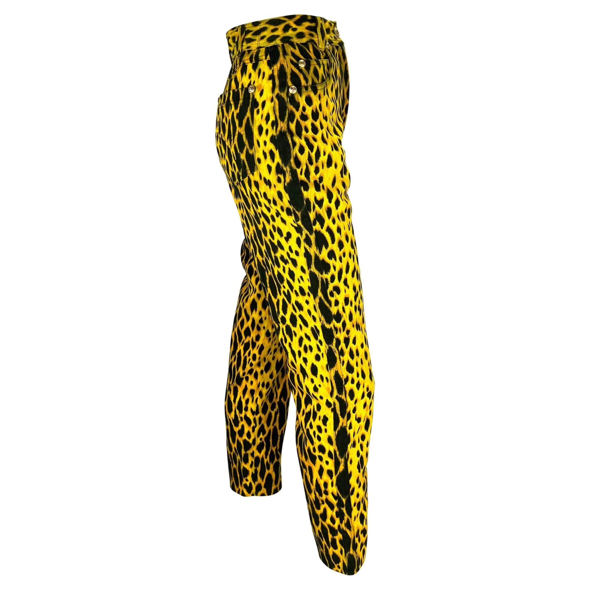 S/S 1992 Gianni Versace Runway Cheetah Print Yellow Black Cotton Stretch Jeans - RealList
