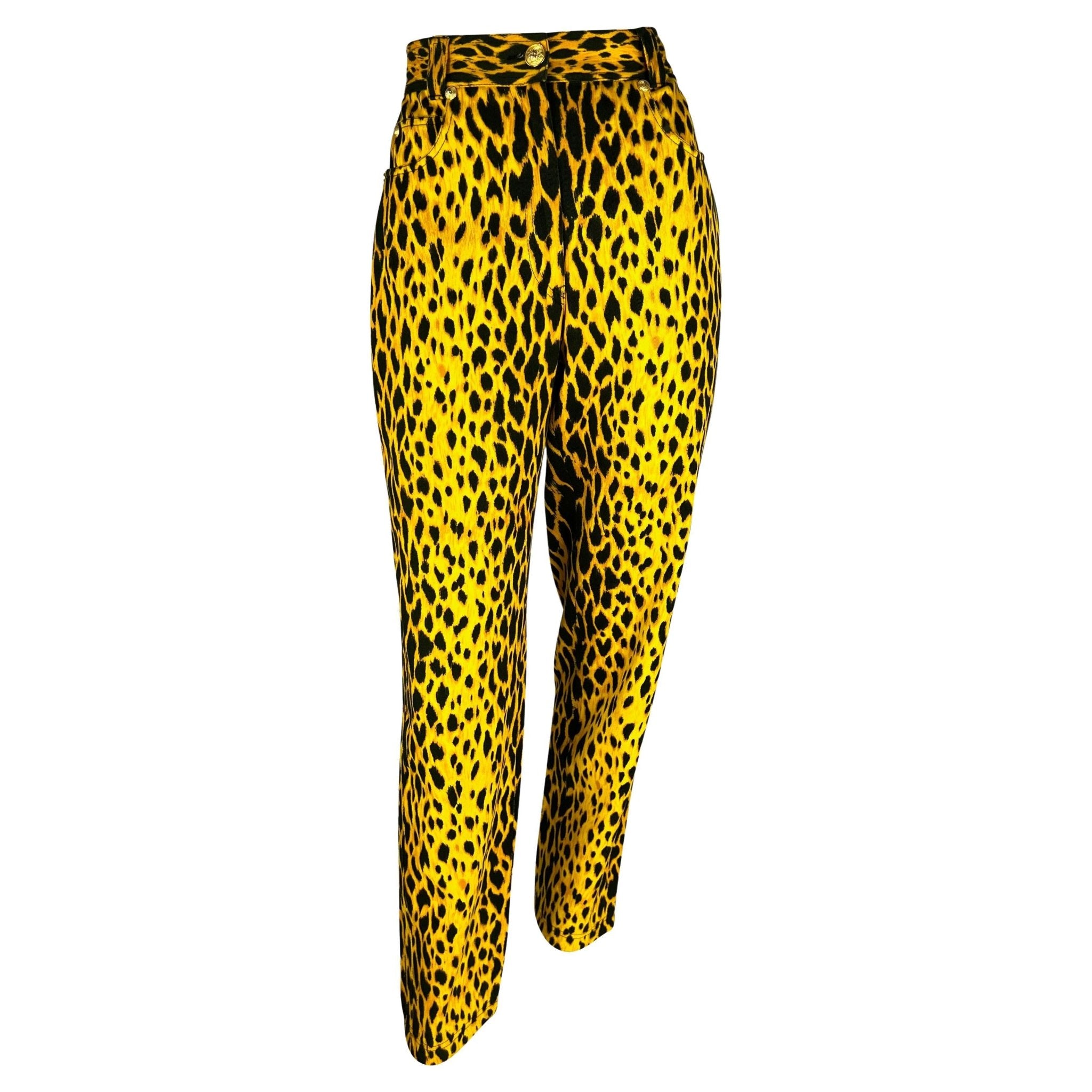S/S 1992 Gianni Versace Runway Cheetah Print Yellow Black Cotton Stretch Jeans - RealList