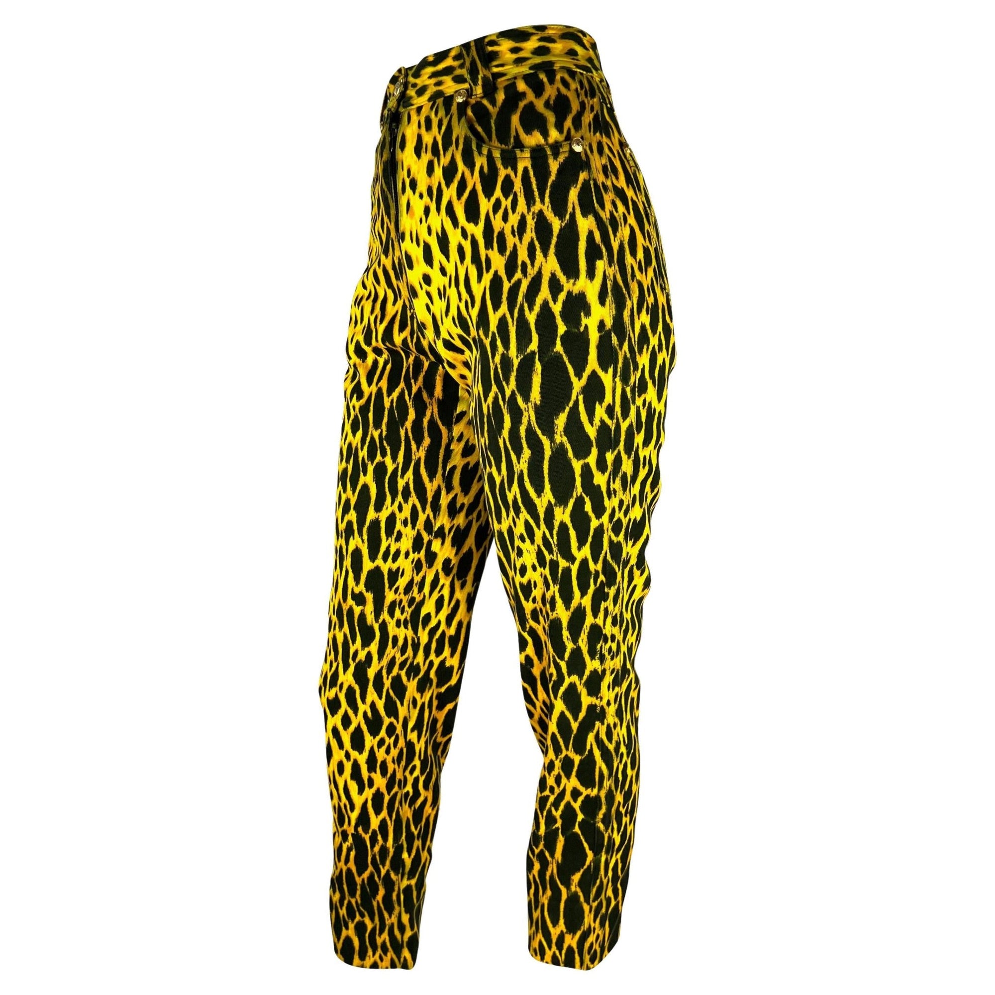 S/S 1992 Gianni Versace Runway Cheetah Print Yellow Black Cotton Stretch Jeans - RealList