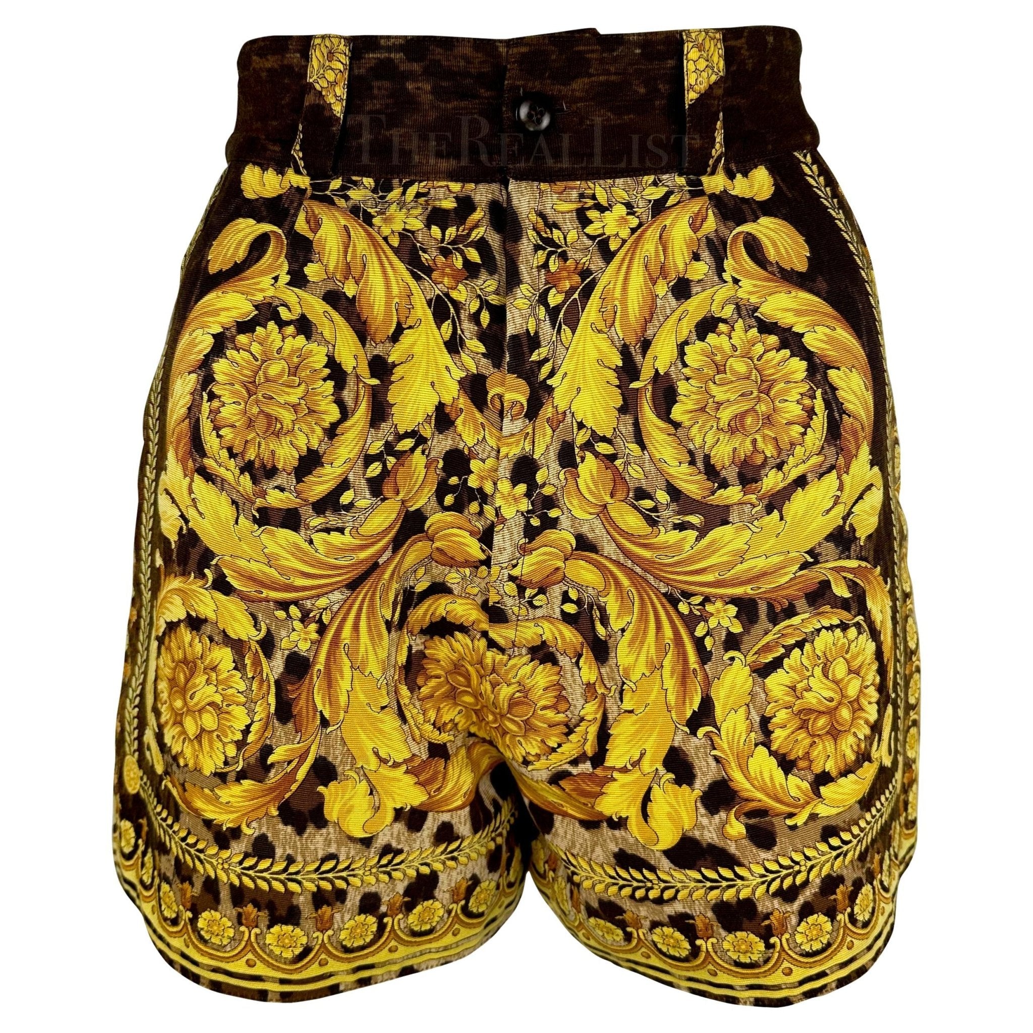 S/S 1992 Gianni Versace Runway Gold Baroque Leopard Print High Waisted Shorts - RealList