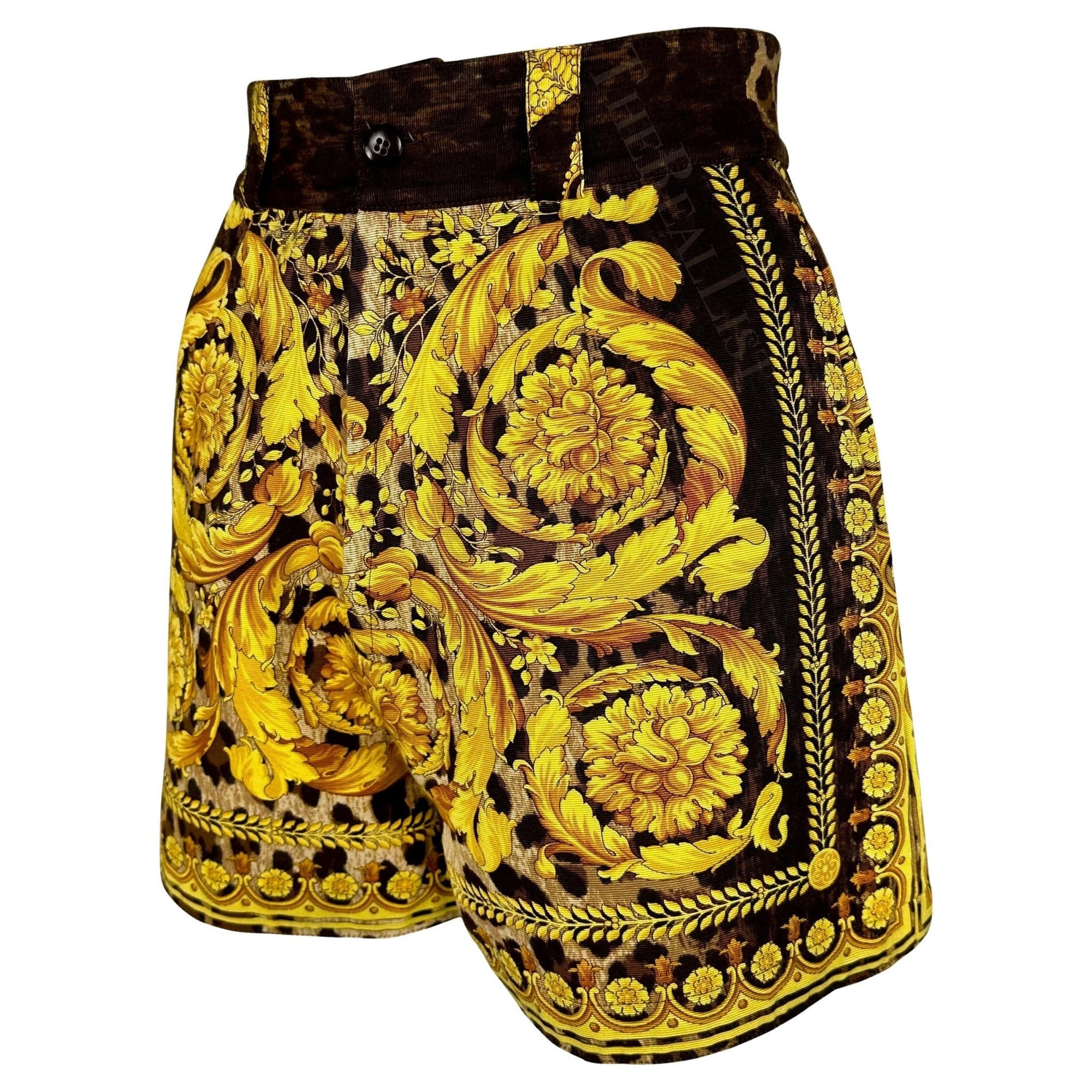 S/S 1992 Gianni Versace Runway Gold Baroque Leopard Print High Waisted Shorts - RealList