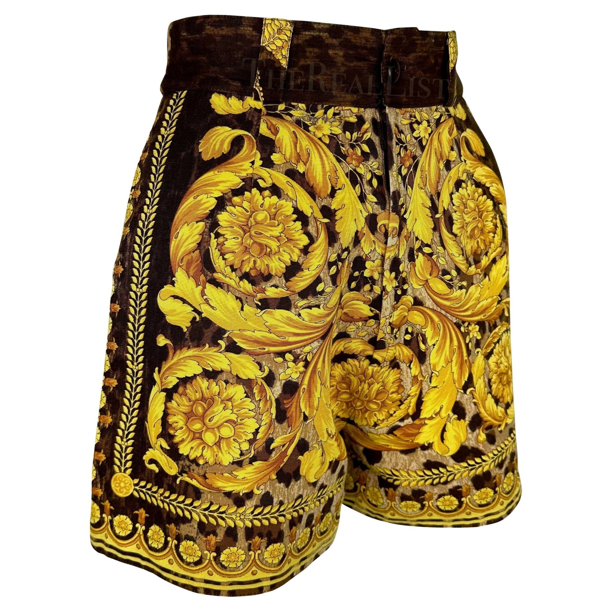 S/S 1992 Gianni Versace Runway Gold Baroque Leopard Print High Waisted Shorts - RealList