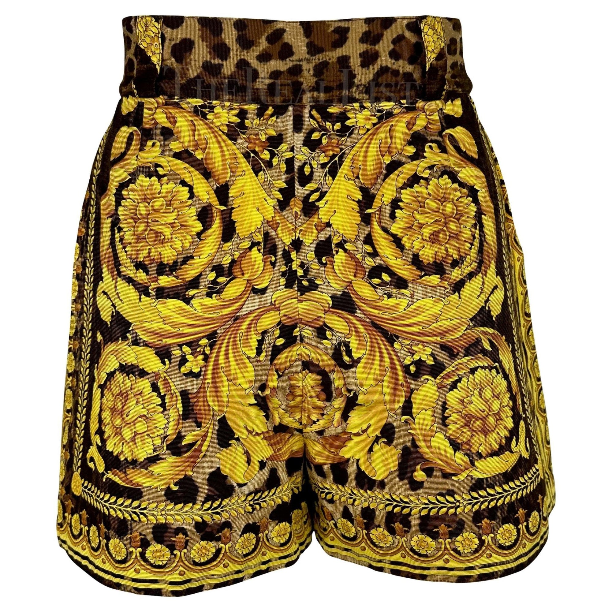S/S 1992 Gianni Versace Runway Gold Baroque Leopard Print High Waisted Shorts - RealList