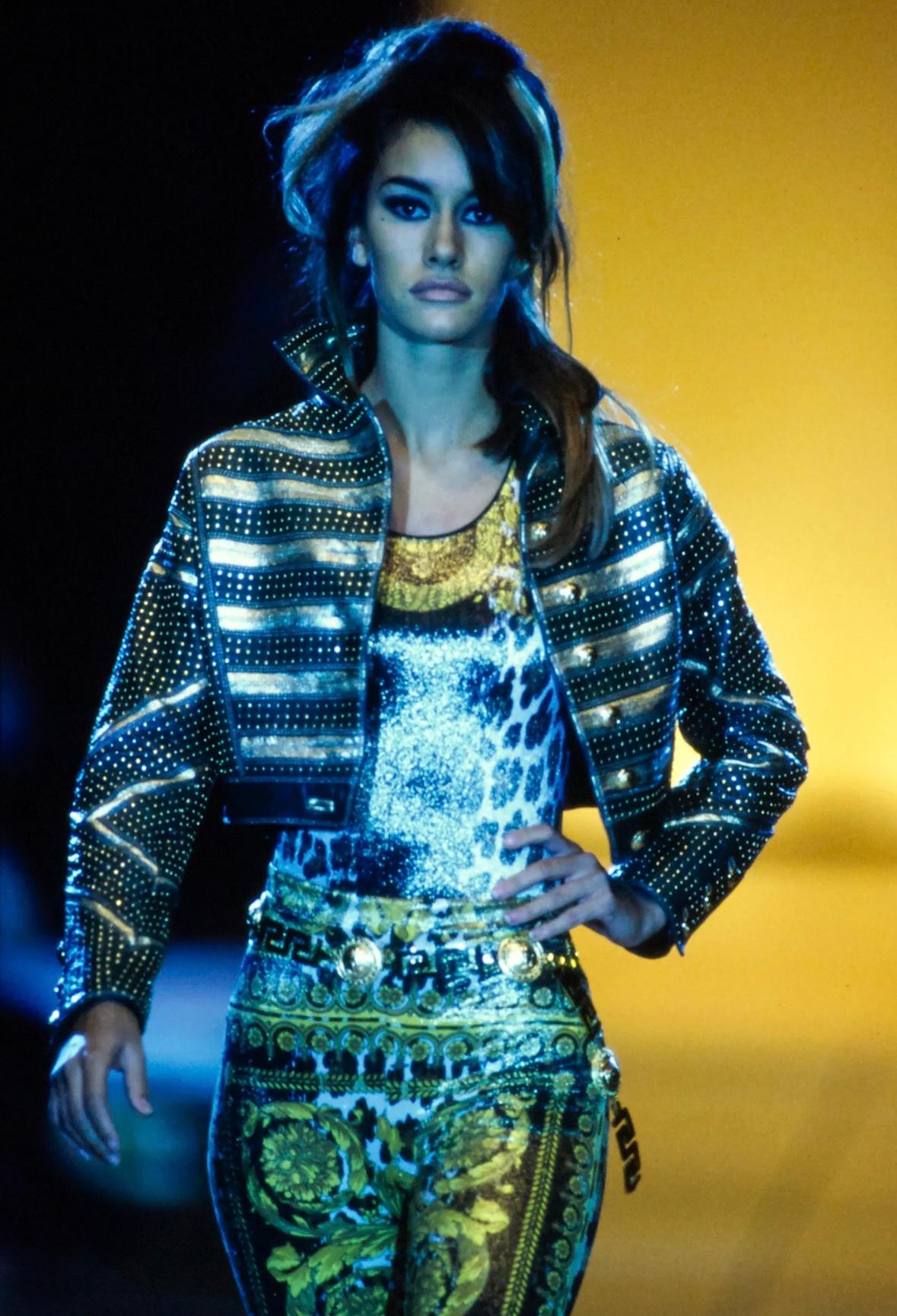 S/S 1992 Gianni Versace Runway Studded Gold Metallic Leather Cropped Jacket - RealList