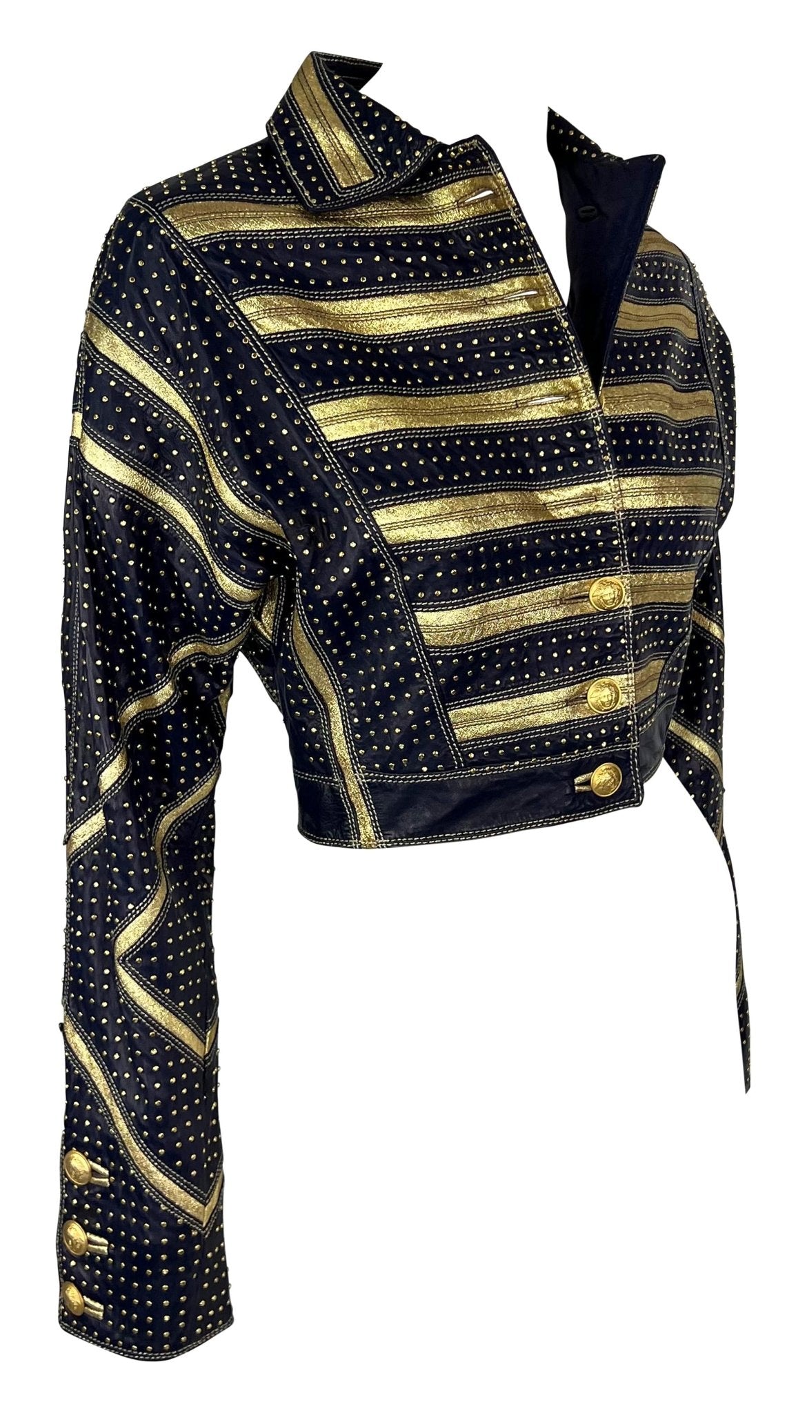 S/S 1992 Gianni Versace Runway Studded Gold Metallic Leather Cropped Jacket - RealList