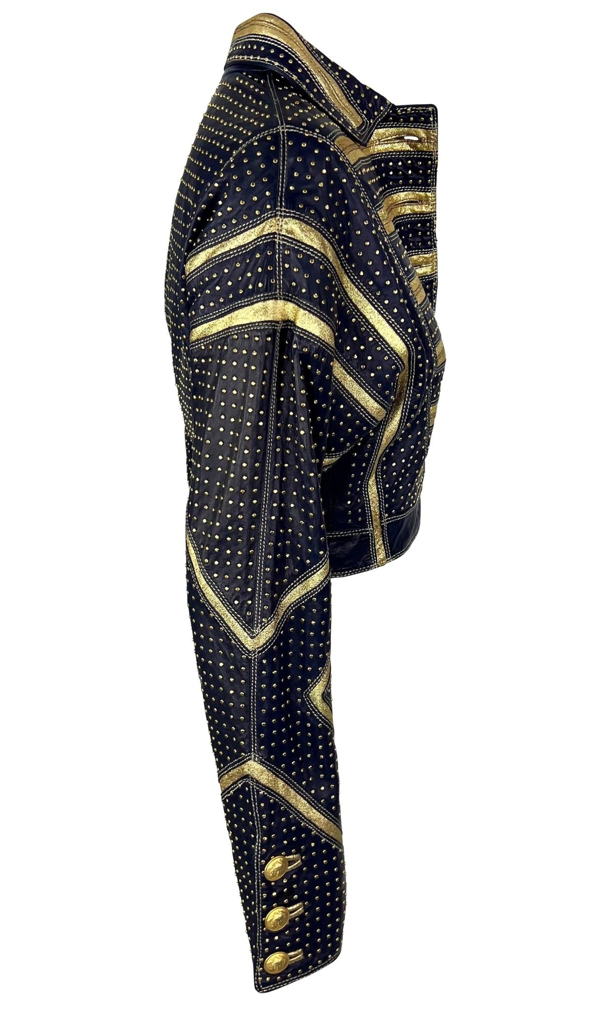 S/S 1992 Gianni Versace Runway Studded Gold Metallic Leather Cropped Jacket - RealList