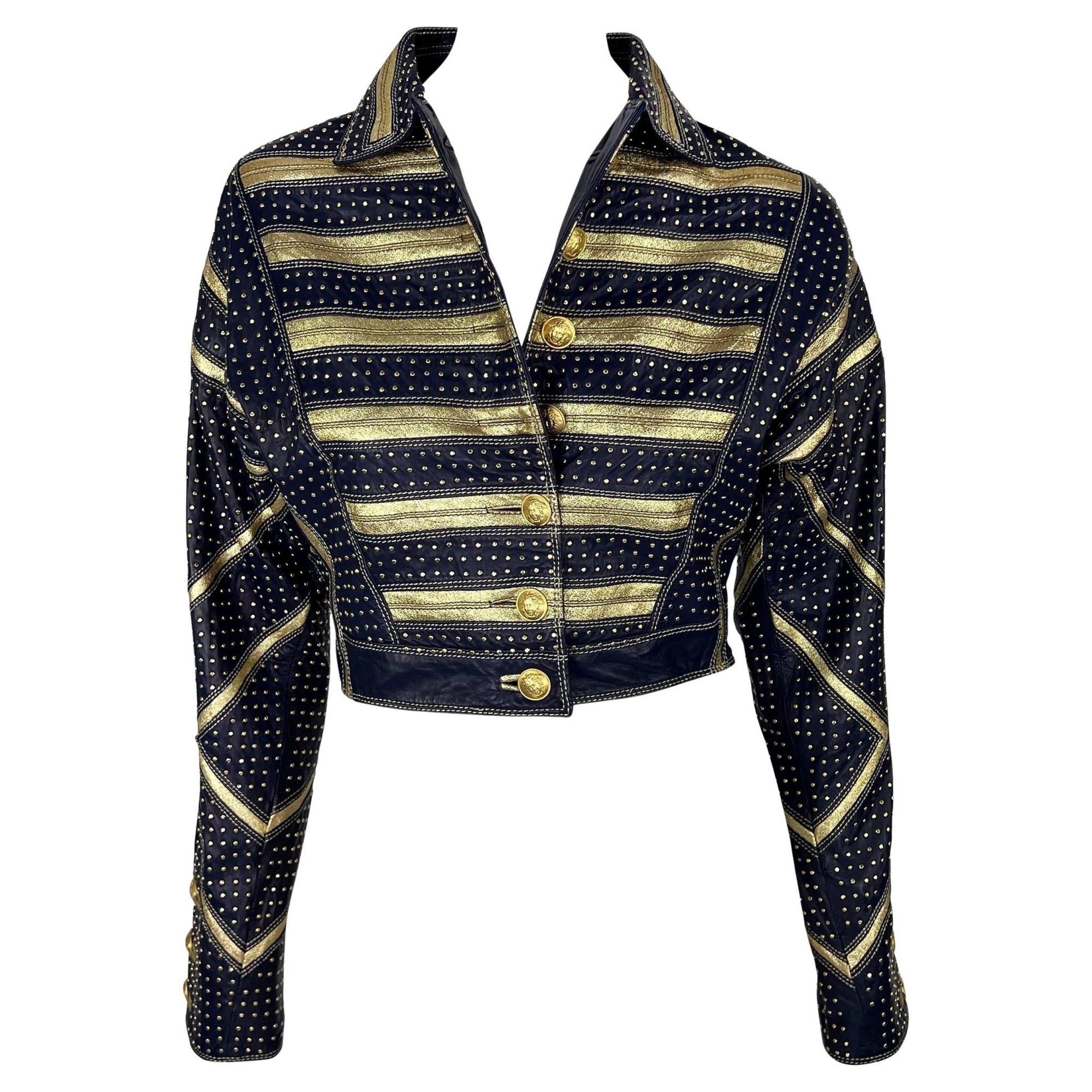 S/S 1992 Gianni Versace Runway Studded Gold Metallic Leather Cropped Jacket - RealList