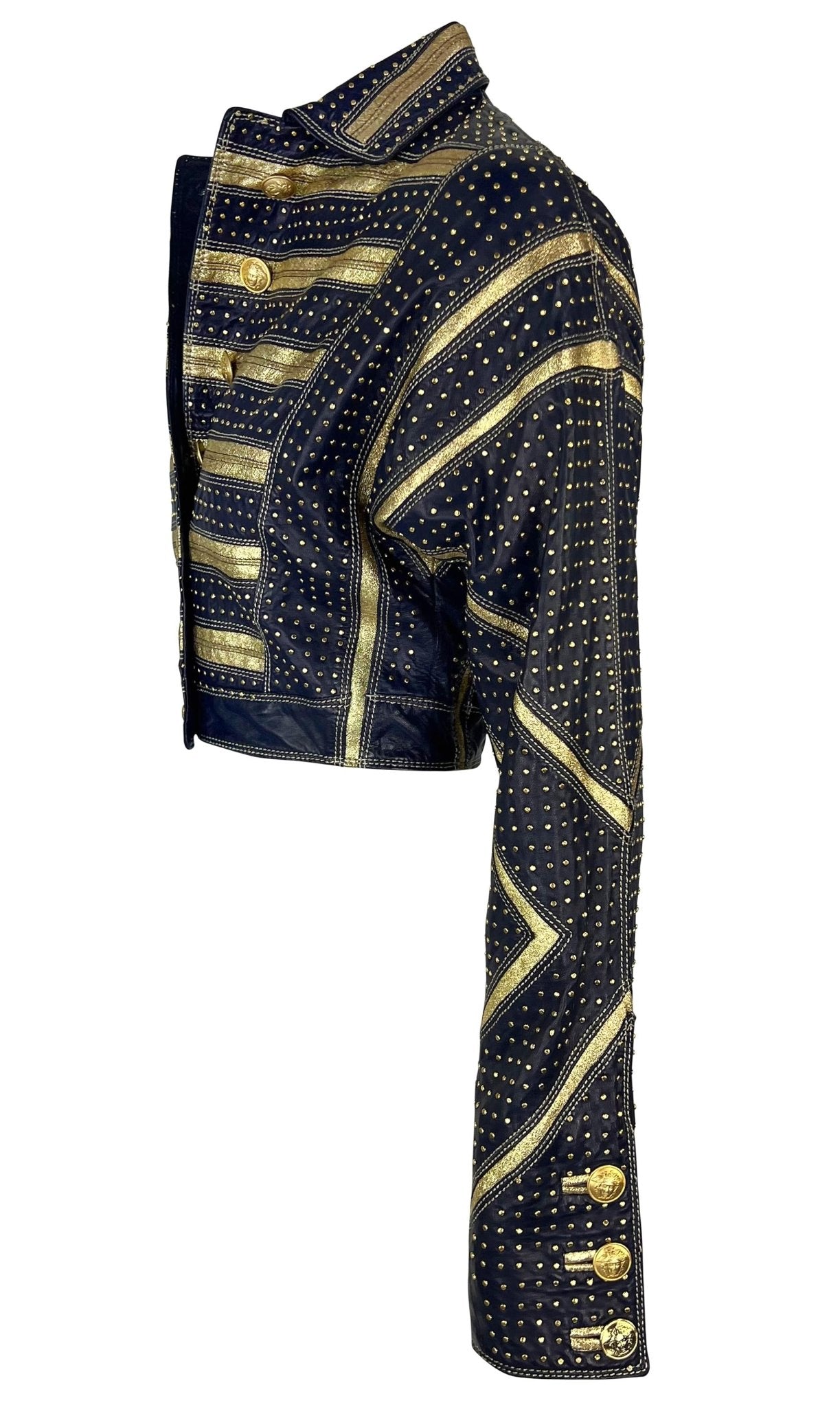 S/S 1992 Gianni Versace Runway Studded Gold Metallic Leather Cropped Jacket - RealList