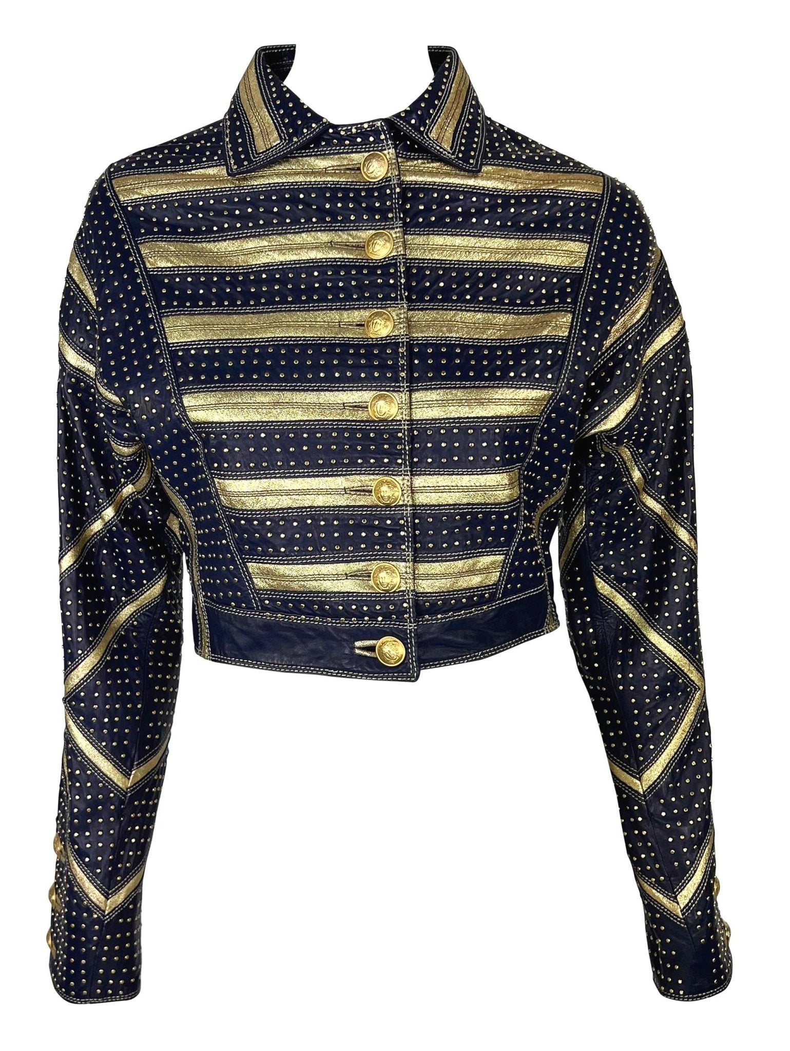 S/S 1992 Gianni Versace Runway Studded Gold Metallic Leather Cropped Jacket - RealList