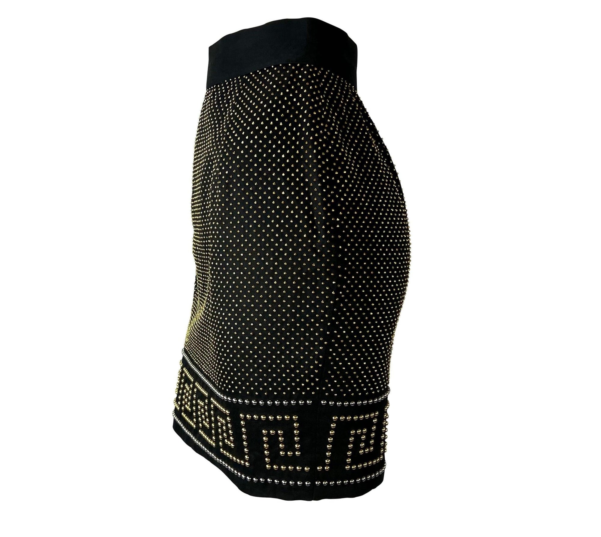 S/S 1992 Gianni Versace Studded Black Linen Greek Key Skirt - RealList