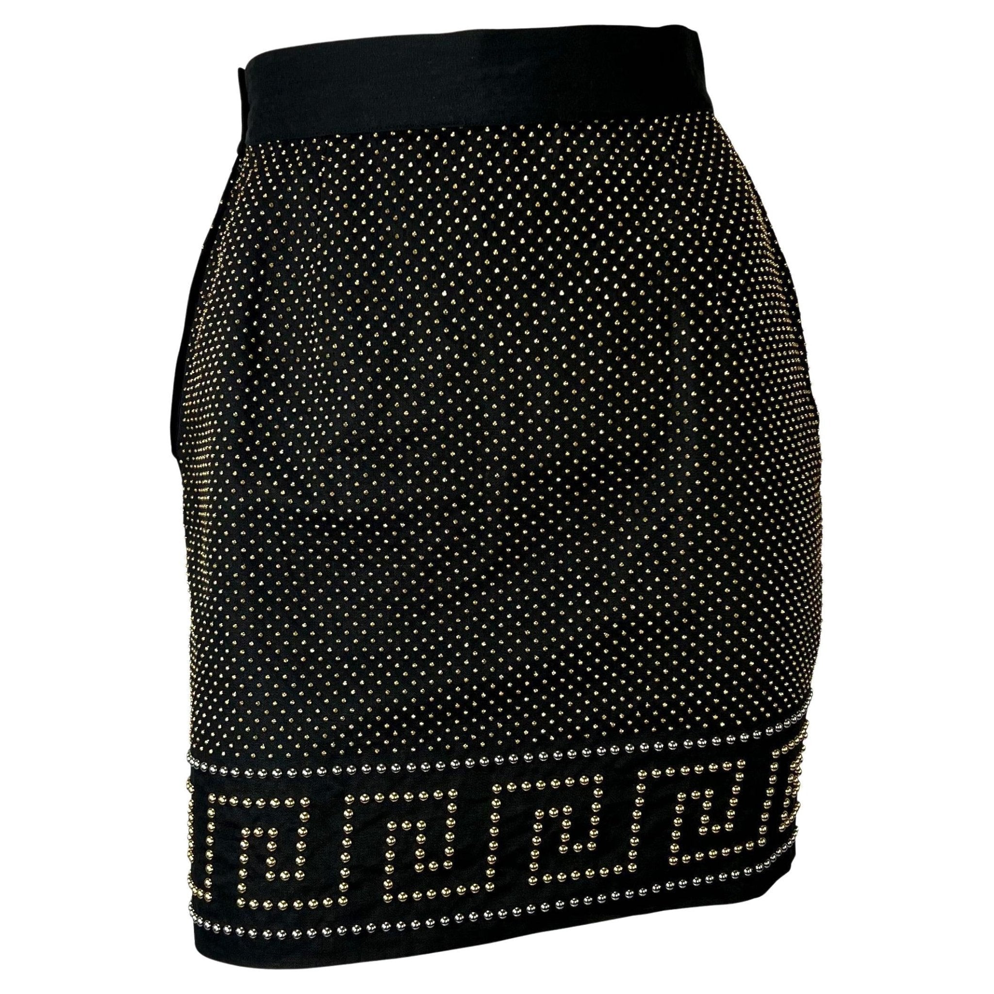S/S 1992 Gianni Versace Studded Black Linen Greek Key Skirt - RealList