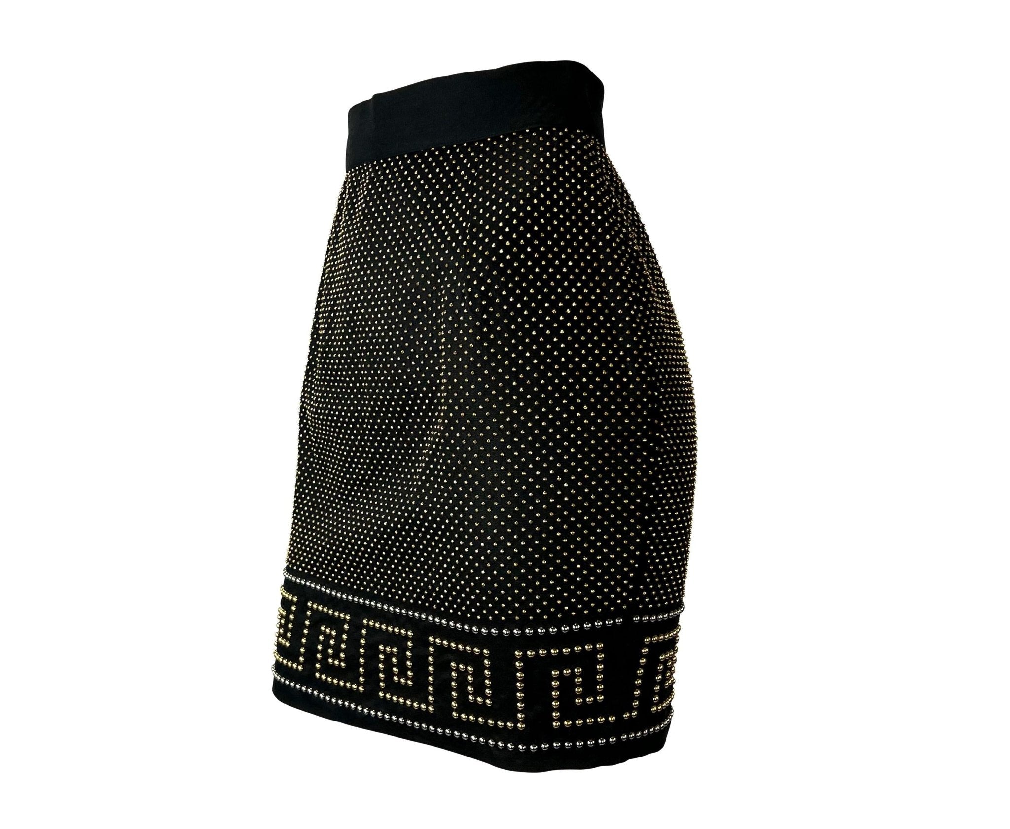 S/S 1992 Gianni Versace Studded Black Linen Greek Key Skirt - RealList