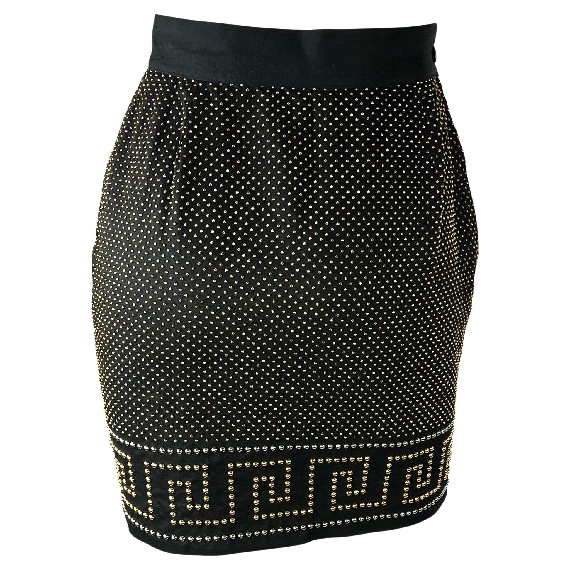 S/S 1992 Gianni Versace Studded Black Linen Greek Key Skirt - RealList