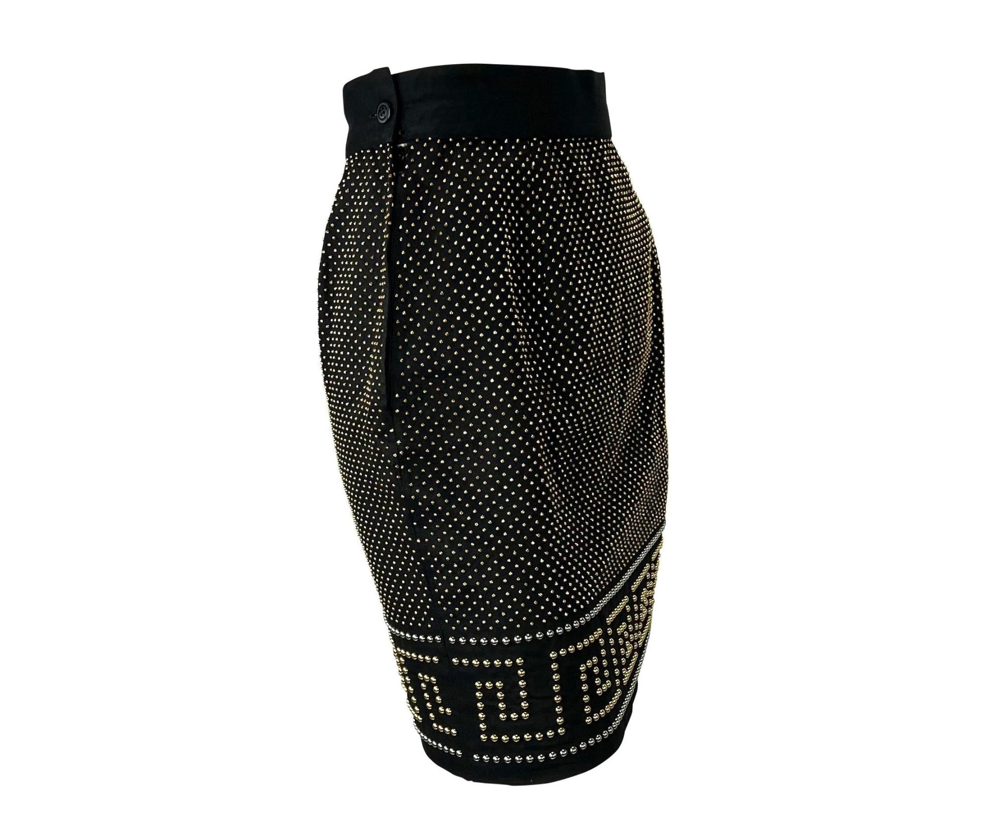 S/S 1992 Gianni Versace Studded Black Linen Greek Key Skirt - RealList