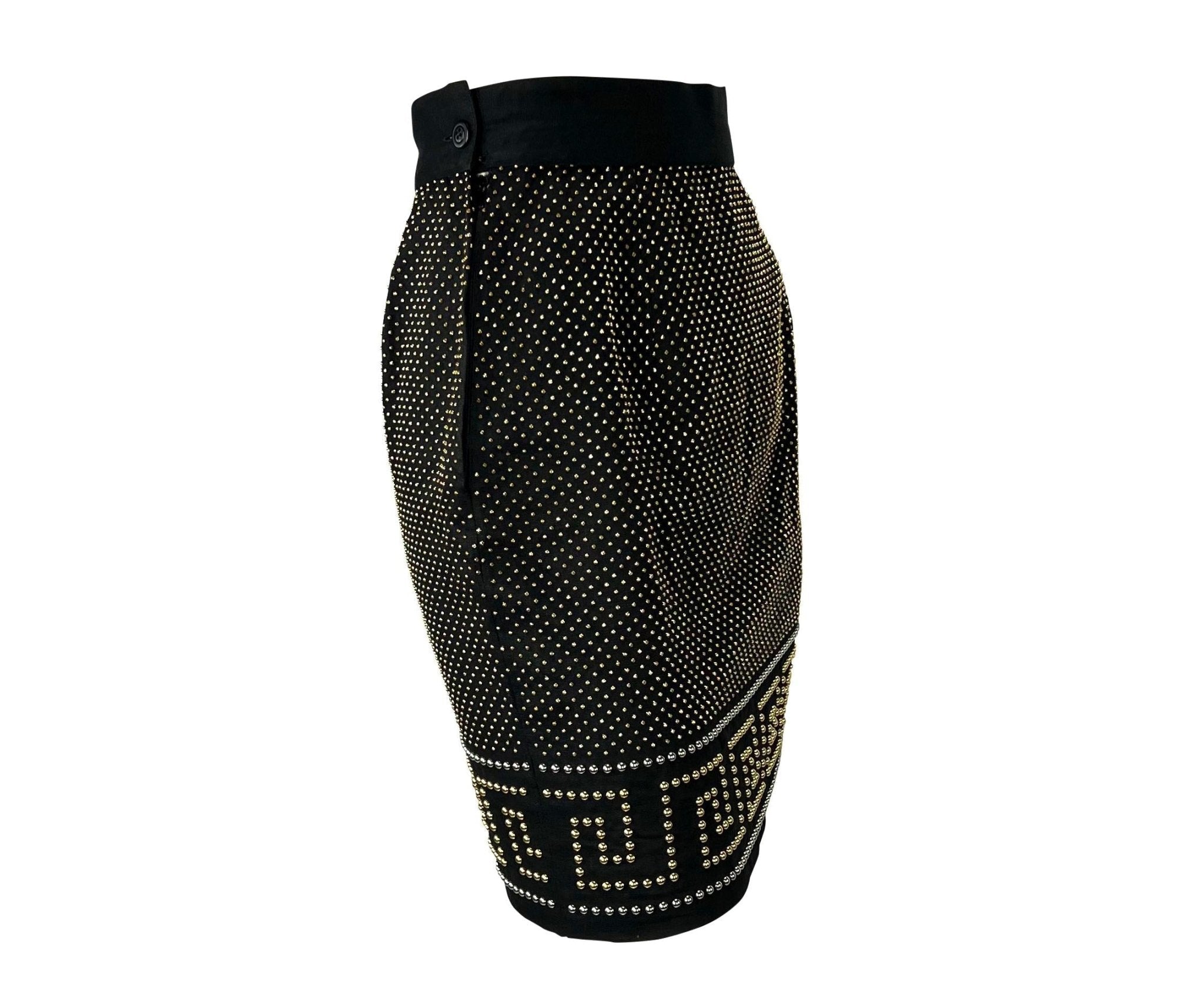 S/S 1992 Gianni Versace Studded Black Linen Greek Key Skirt - RealList