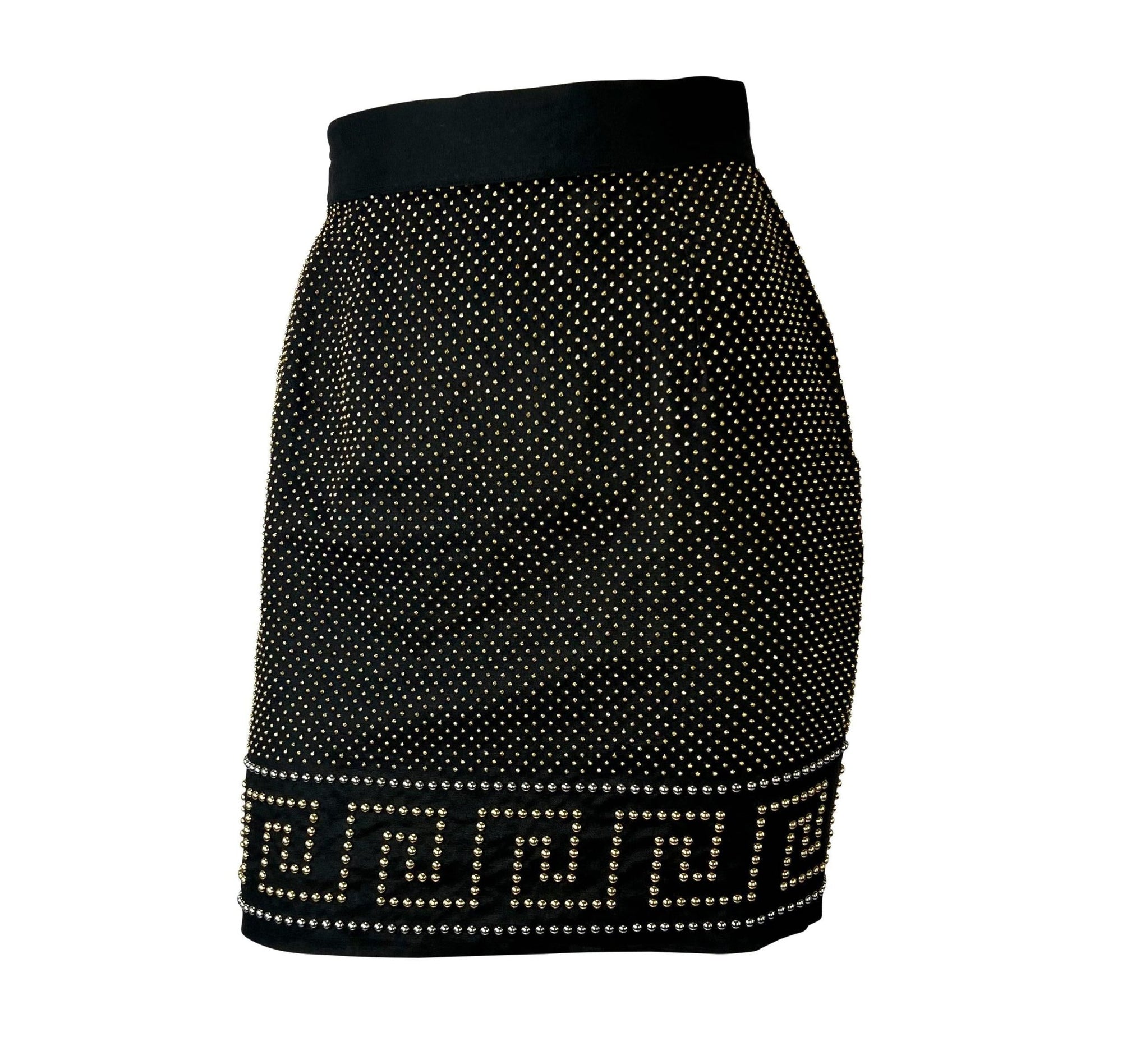 S/S 1992 Gianni Versace Studded Black Linen Greek Key Skirt - RealList