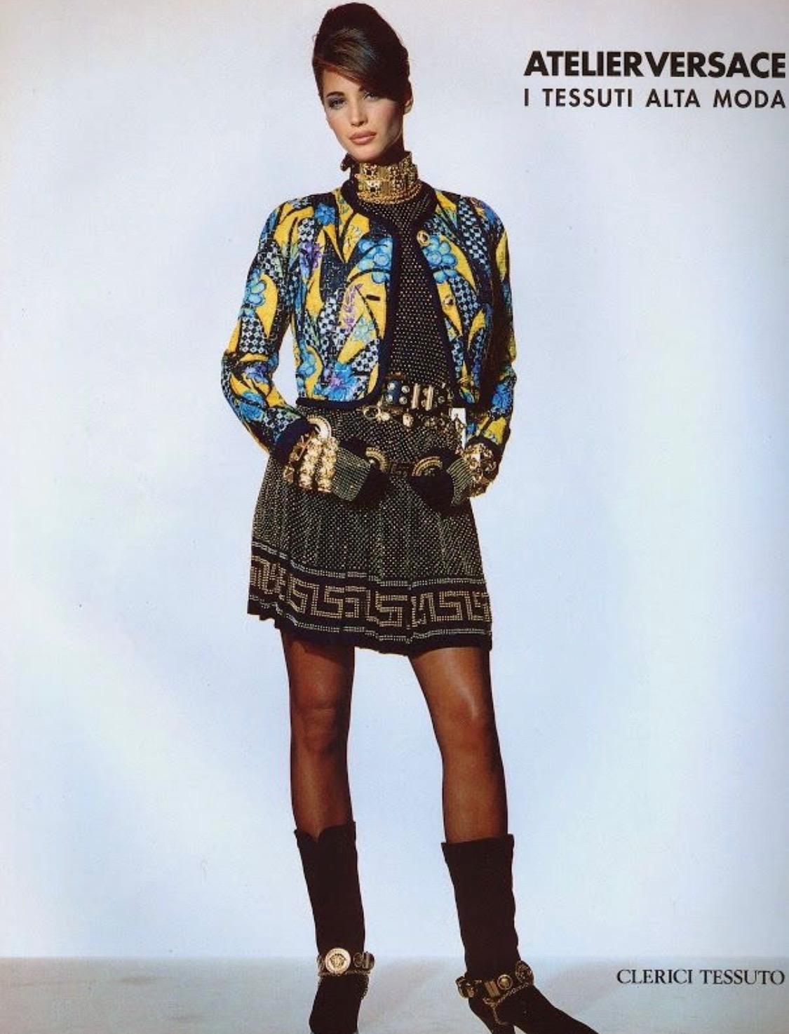 S/S 1992 Gianni Versace Studded Black Linen Greek Key Skirt - RealList