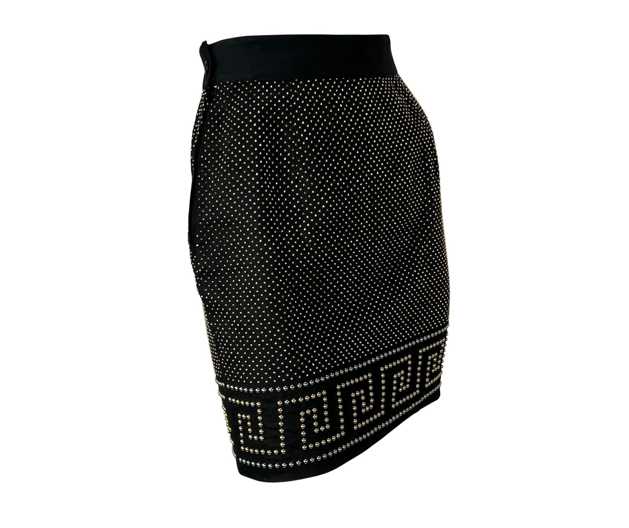 S/S 1992 Gianni Versace Studded Black Linen Greek Key Skirt - RealList
