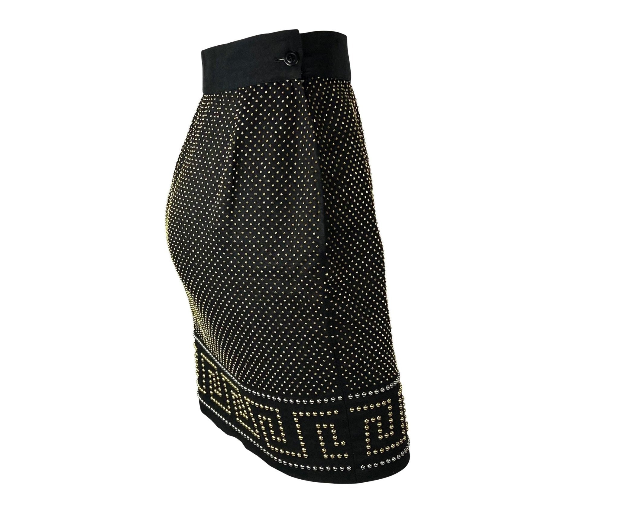 S/S 1992 Gianni Versace Studded Black Linen Greek Key Skirt - RealList