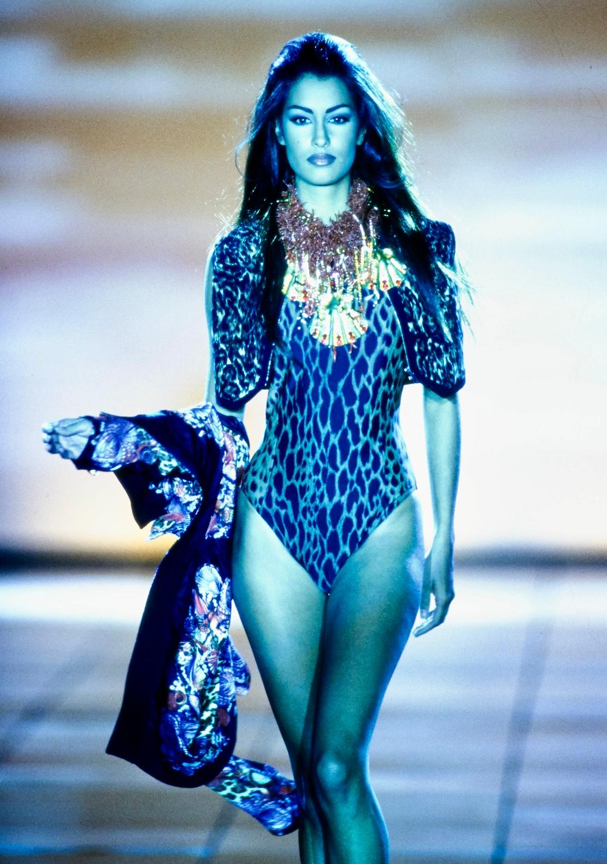 S/S 1992 Gianni Versace Yellow Cheetah Print One Piece Swim Body Suit - RealList