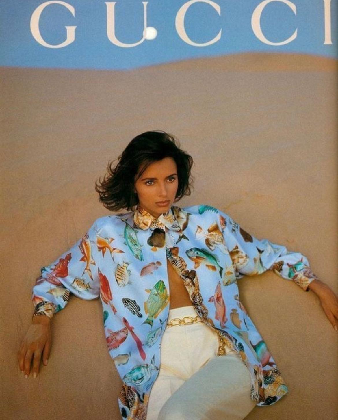 S/S 1992 Gucci Runway Ad Blue Sea Life Fish Print GG Logo Button Up Blouse - RealList