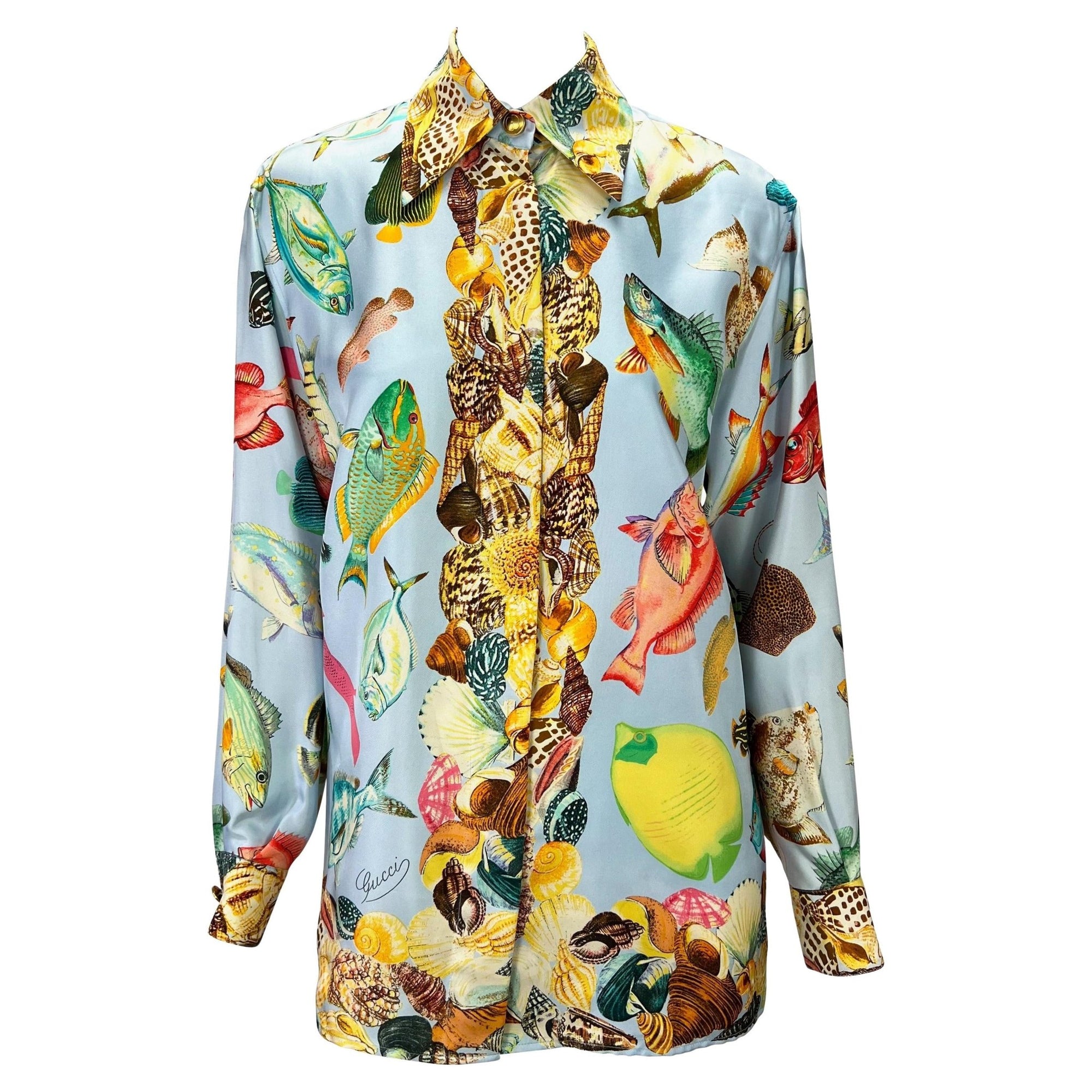 S/S 1992 Gucci Runway Ad Blue Sea Life Fish Print GG Logo Button Up Blouse - RealList