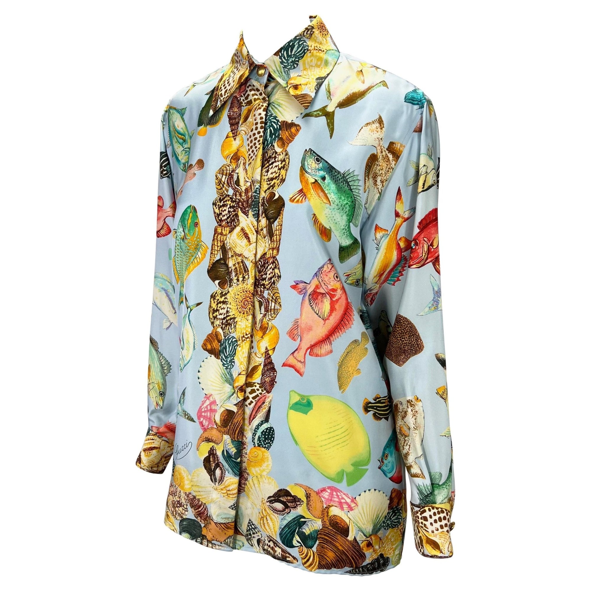 S/S 1992 Gucci Runway Ad Blue Sea Life Fish Print GG Logo Button Up Blouse - RealList