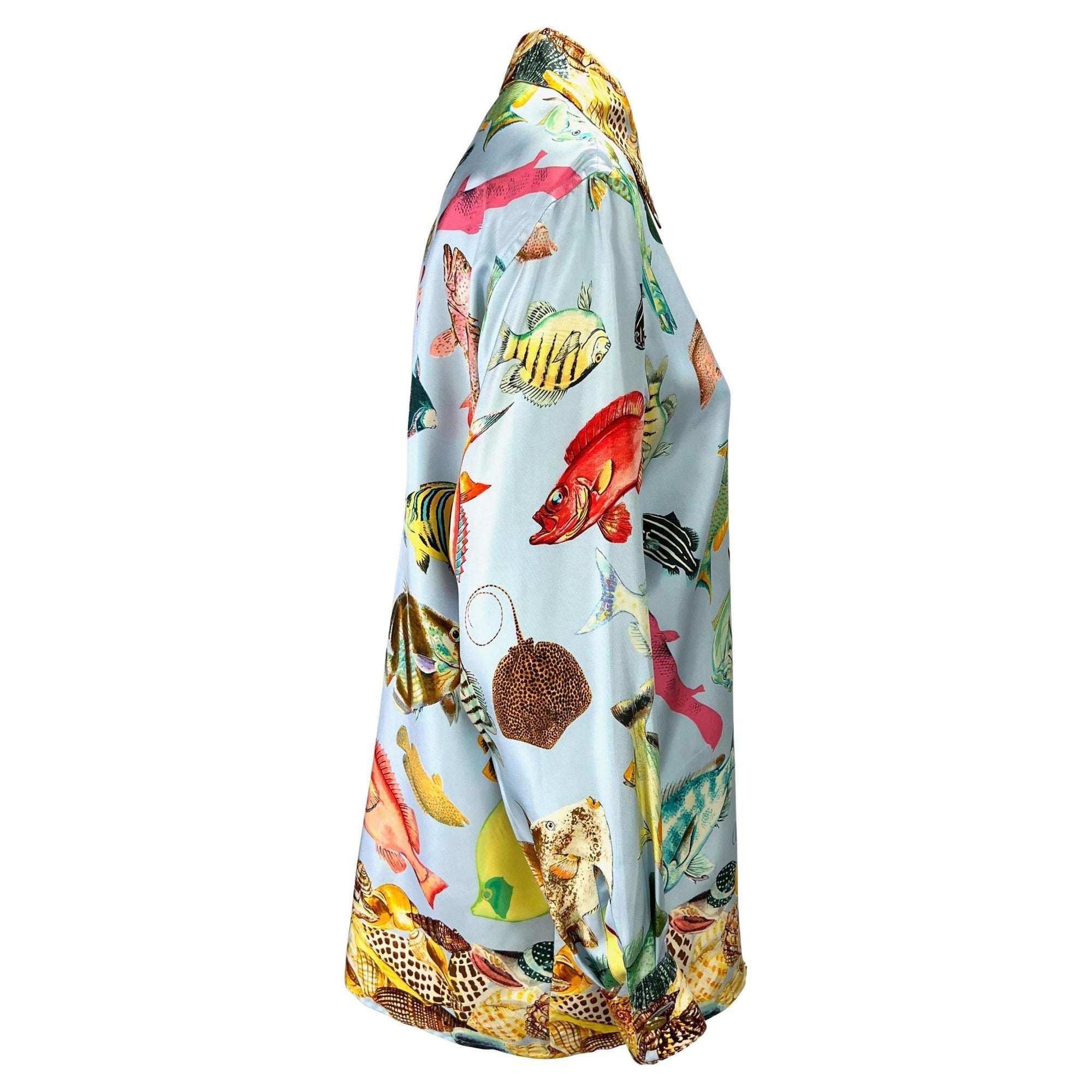 S/S 1992 Gucci Runway Ad Blue Sea Life Fish Print GG Logo Button Up Blouse - RealList