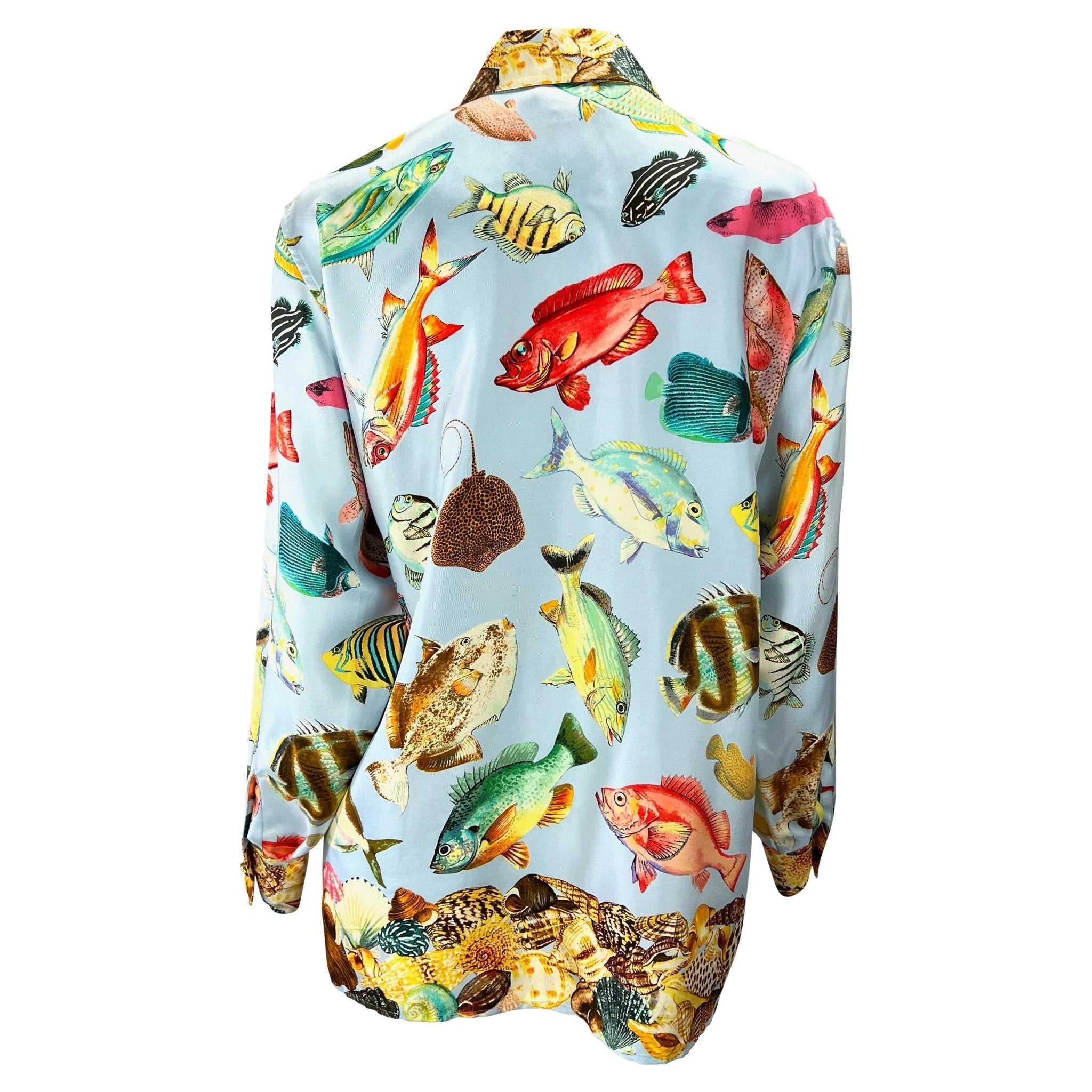 S/S 1992 Gucci Runway Ad Blue Sea Life Fish Print GG Logo Button Up Blouse - RealList