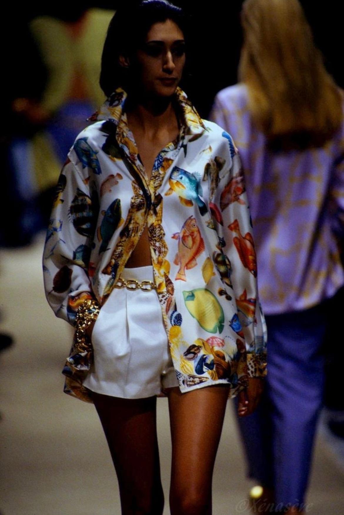 S/S 1992 Gucci Runway Ad Blue Sea Life Fish Print GG Logo Button Up Blouse - RealList