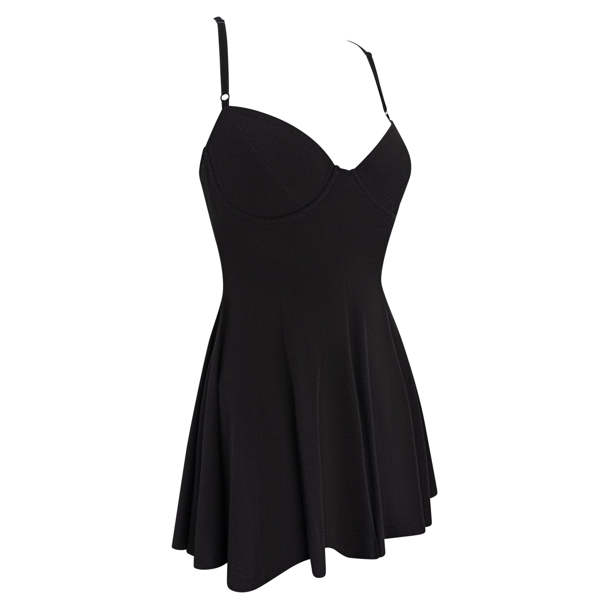 S/S 1992 Norma Kamali Black Stretch Bustier Bodysuit Flared Mini Dress - RealList