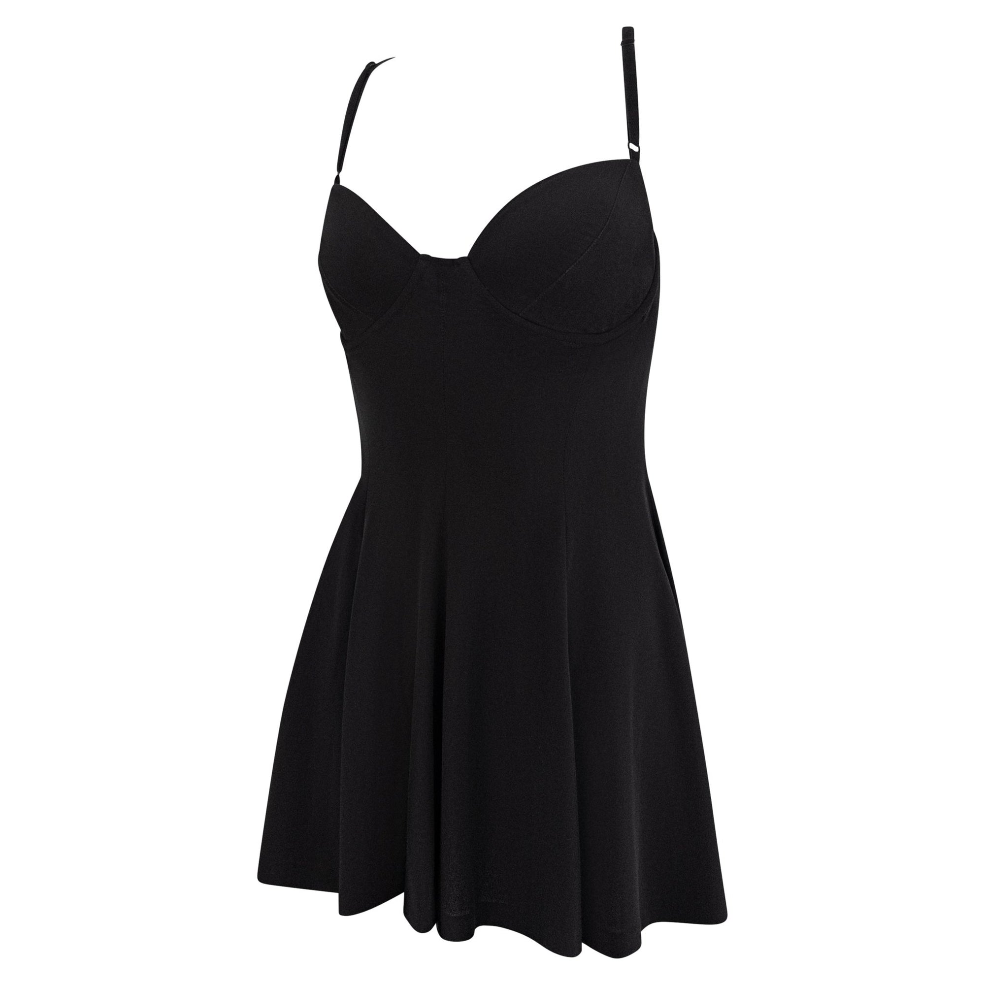 S/S 1992 Norma Kamali Black Stretch Bustier Bodysuit Flared Mini Dress - RealList
