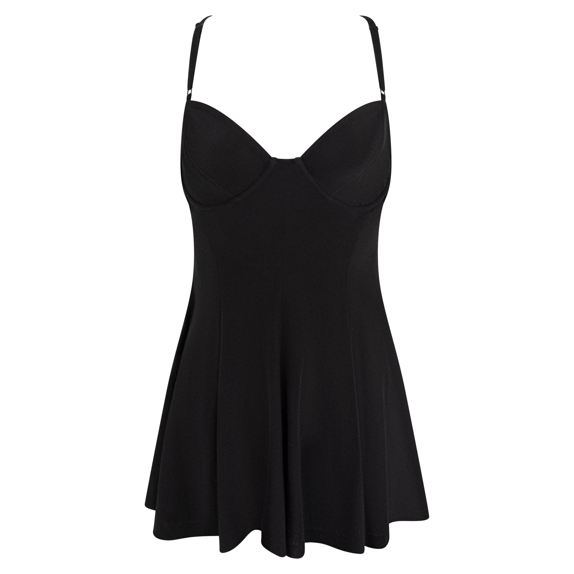 S/S 1992 Norma Kamali Black Stretch Bustier Bodysuit Flared Mini Dress - RealList