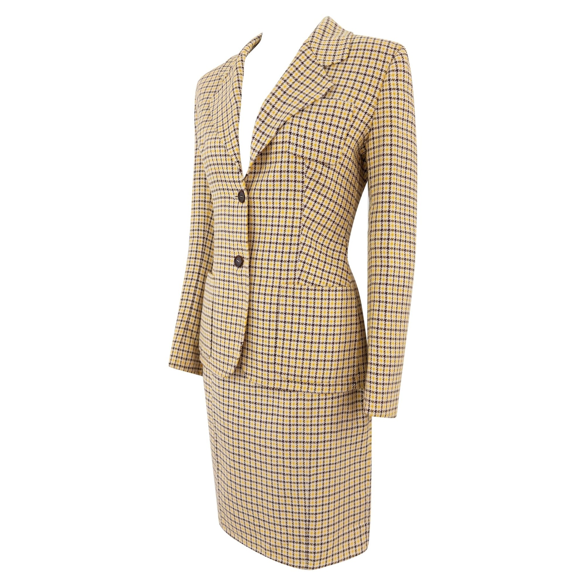 S/S 1992 Prada Yellow Brown White Houndstooth Check Skirt Suit - RealList