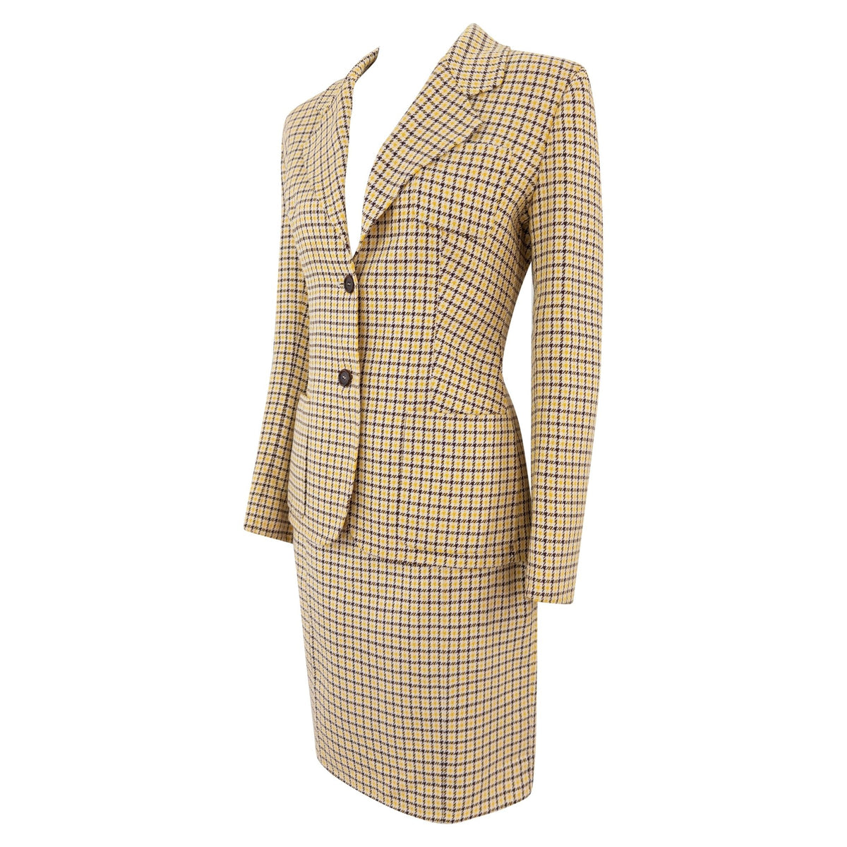 S/S 1992 Prada Yellow Brown White Houndstooth Check Skirt Suit - RealList