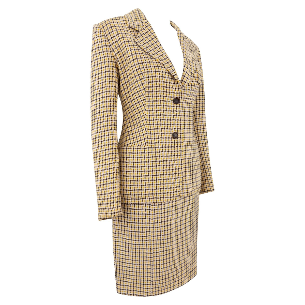 S/S 1992 Prada Yellow Brown White Houndstooth Check Skirt Suit - RealList