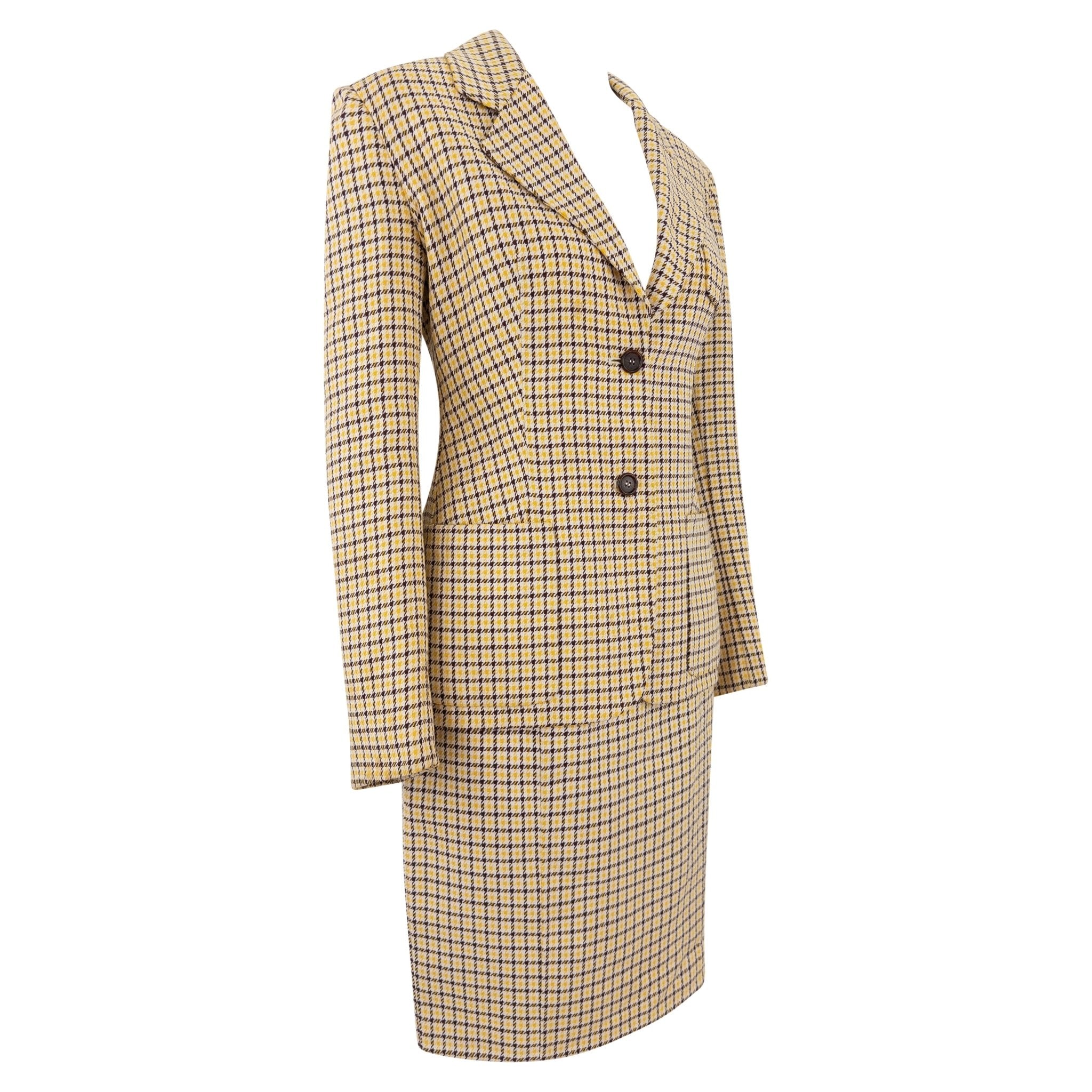 S/S 1992 Prada Yellow Brown White Houndstooth Check Skirt Suit - RealList