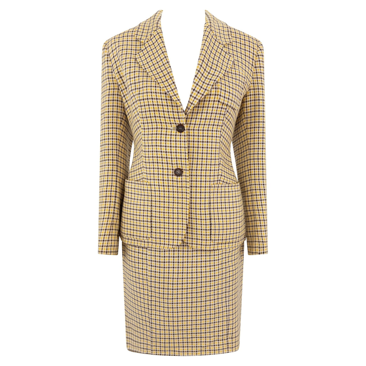 S/S 1992 Prada Yellow Brown White Houndstooth Check Skirt Suit - RealList