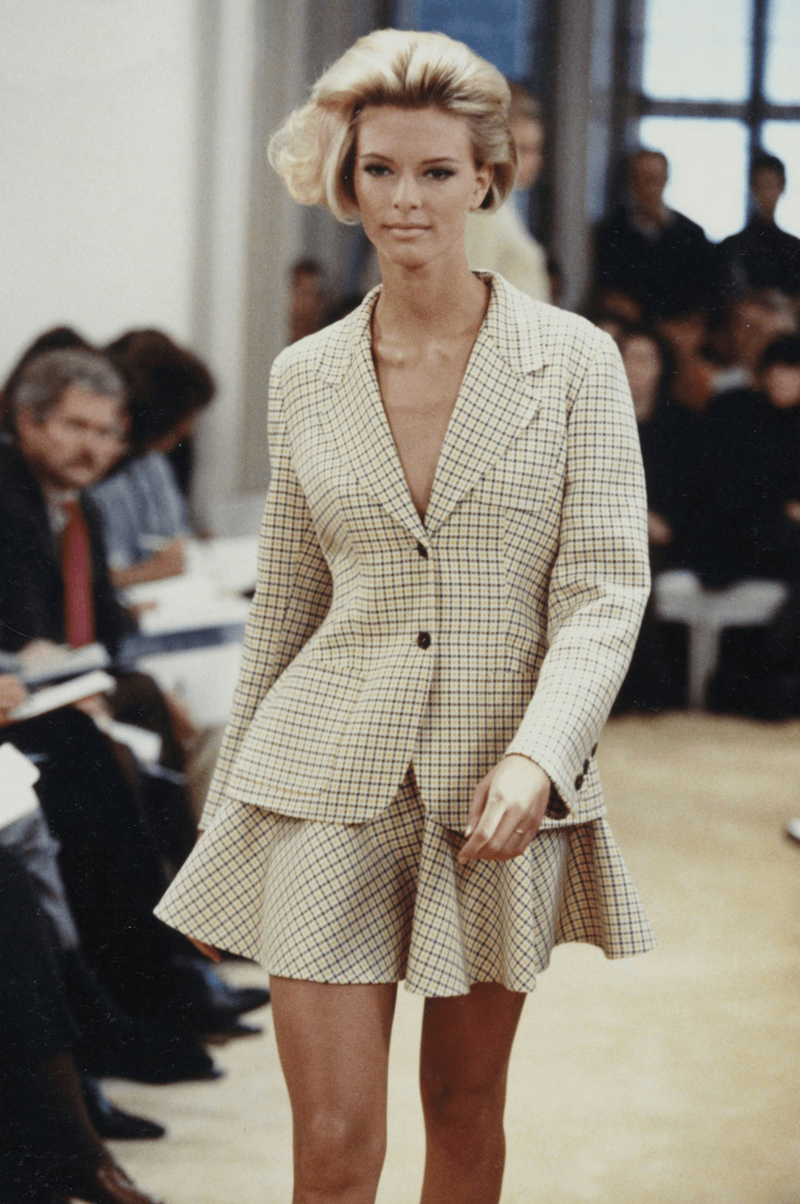 S/S 1992 Prada Yellow Brown White Houndstooth Check Skirt Suit - RealList