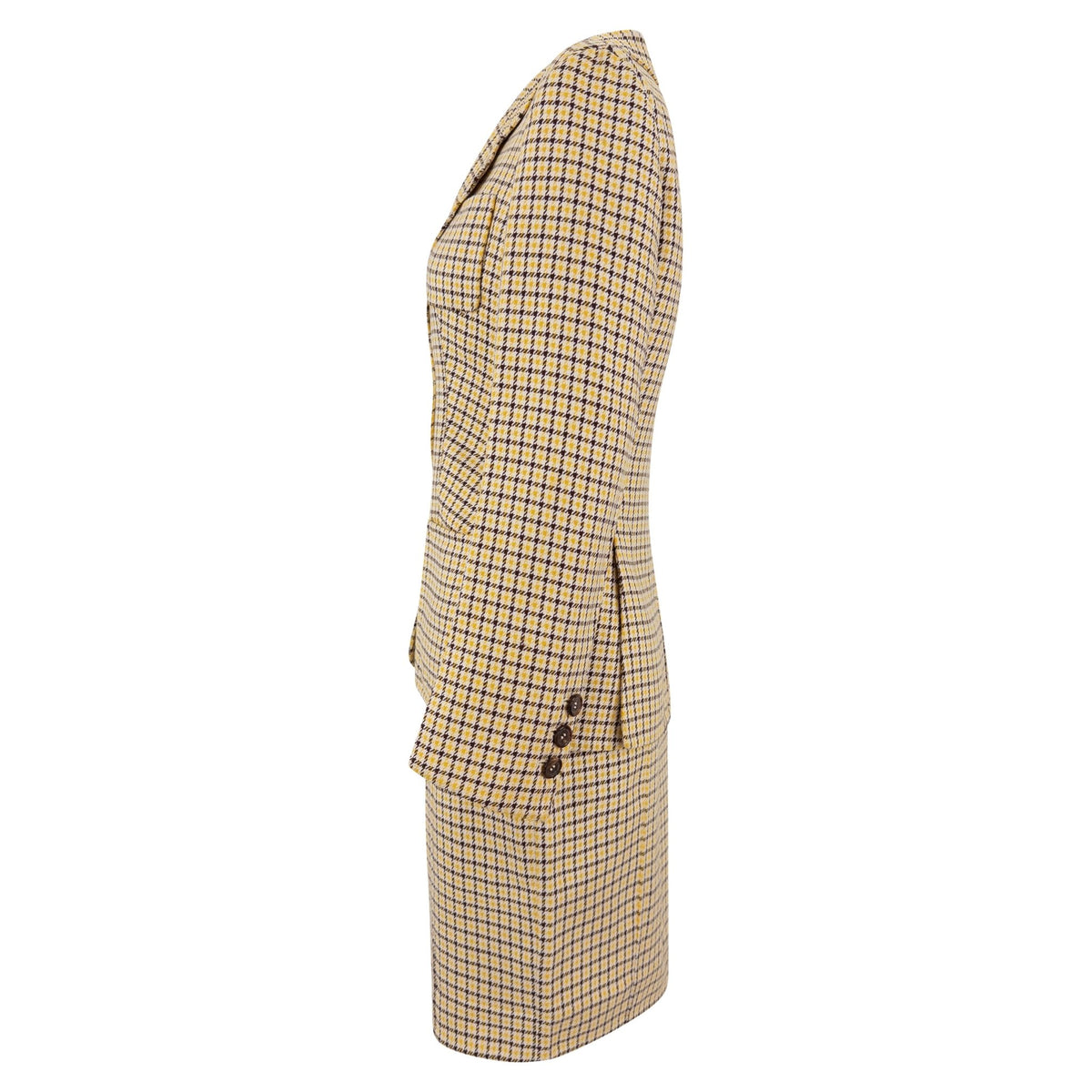 S/S 1992 Prada Yellow Brown White Houndstooth Check Skirt Suit - RealList