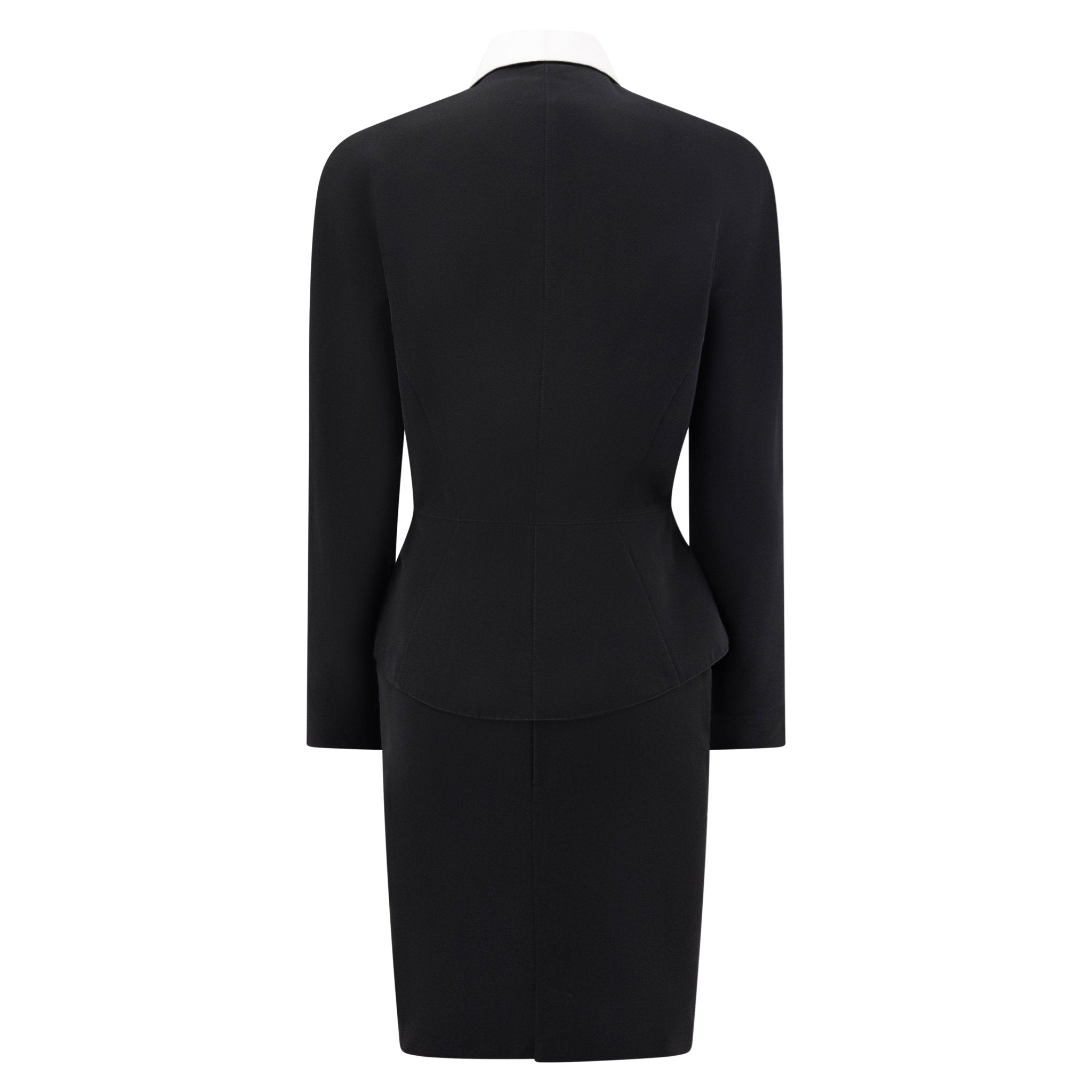 S/S 1992 Thierry Mugler Runway Curved White Lapel Black Velvet Detail Skirt Suit - RealList