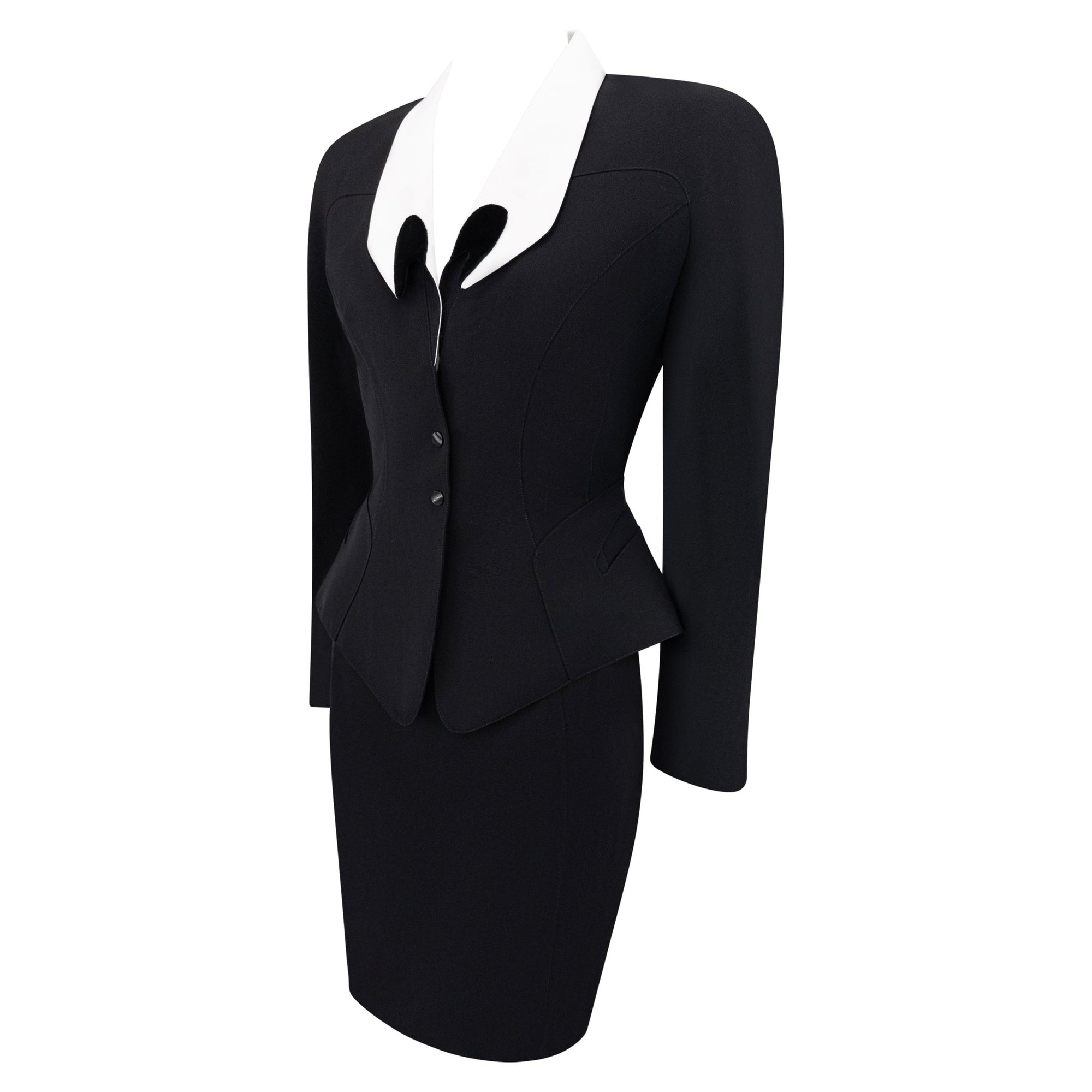 S/S 1992 Thierry Mugler Runway Curved White Lapel Black Velvet Detail Skirt Suit - RealList