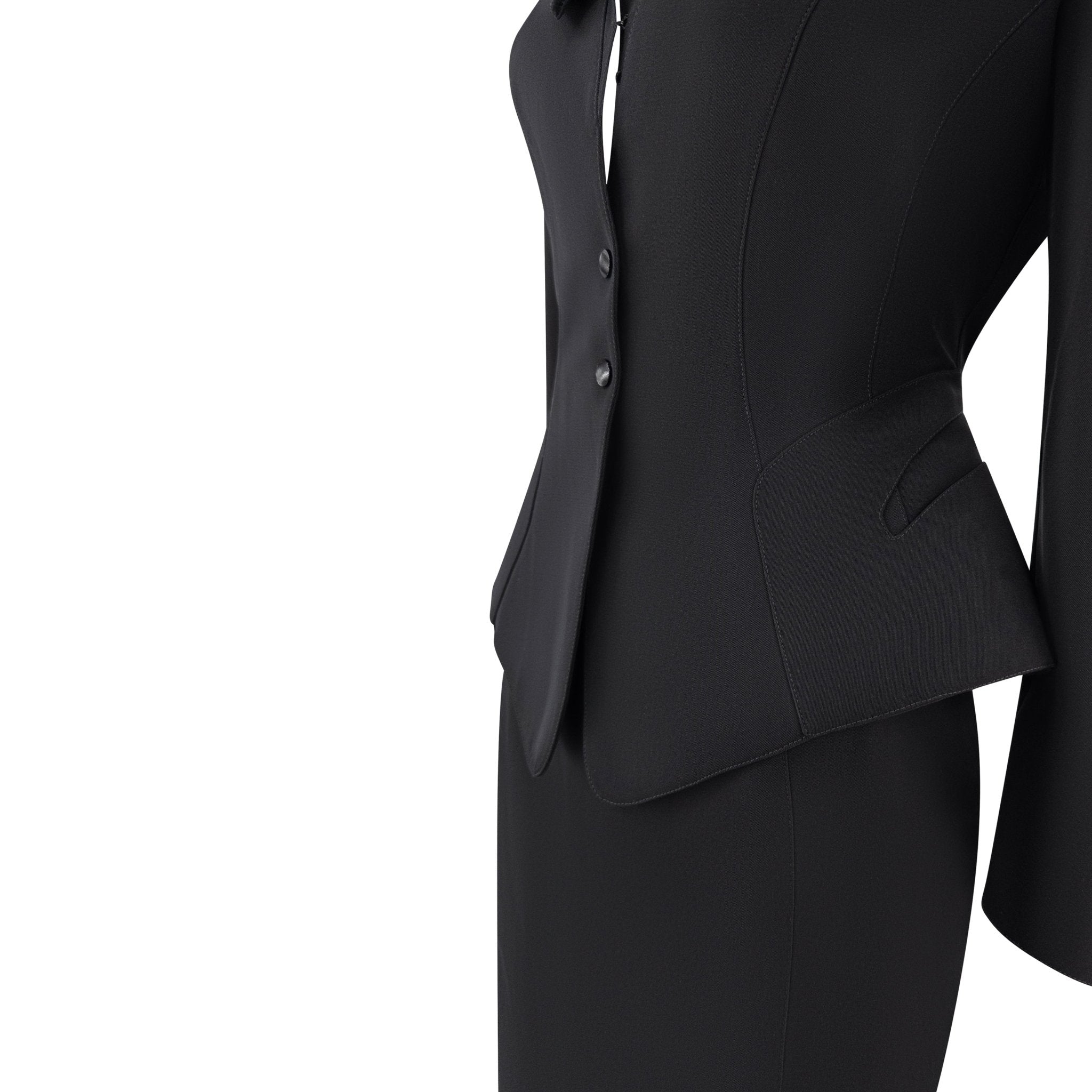 S/S 1992 Thierry Mugler Runway Curved White Lapel Black Velvet Detail Skirt Suit - RealList